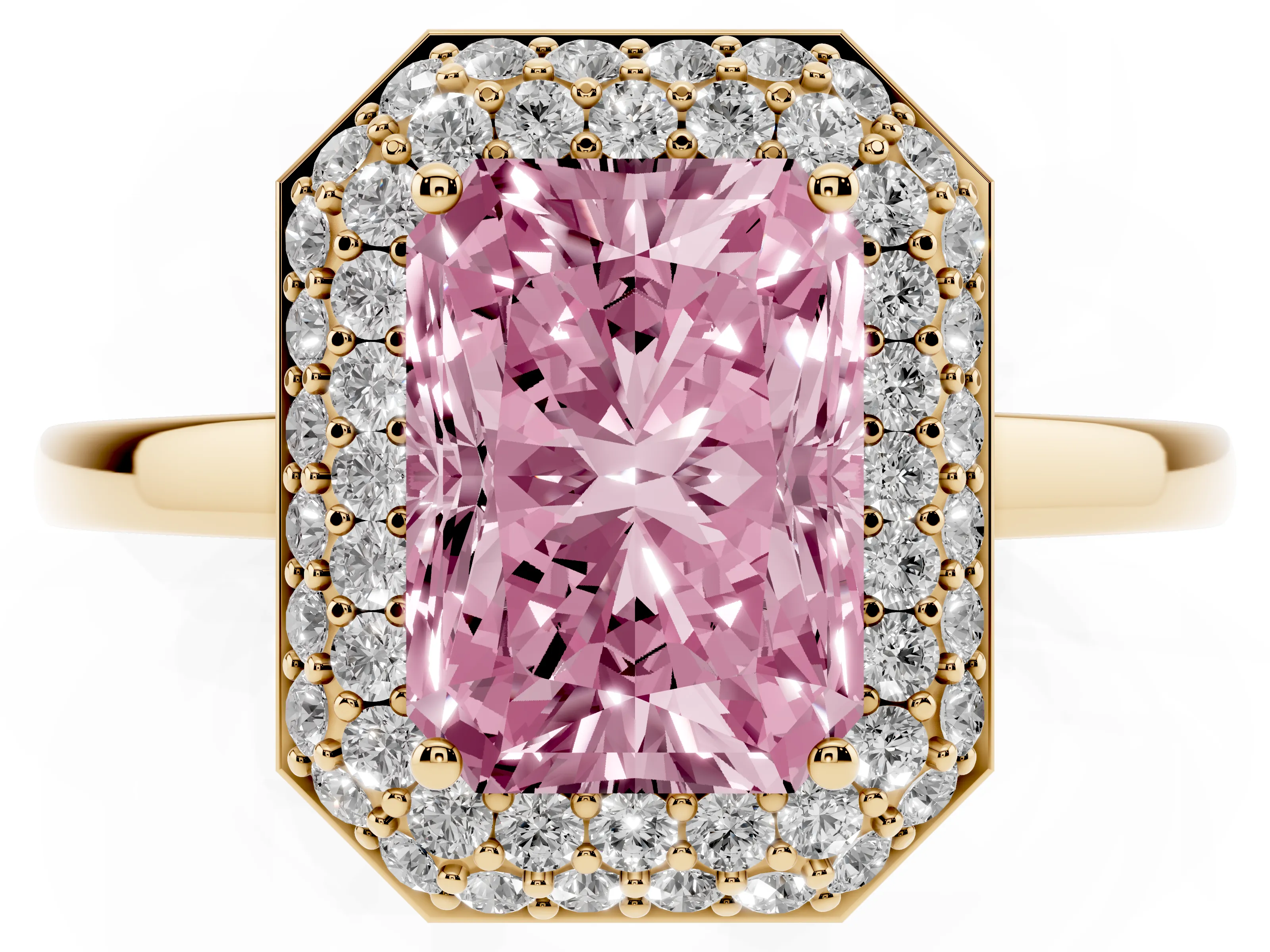 Fancy Pink Radiant Cut Diamond Halo Engagement Ring Set in Yellow gold with Solitaire Band and Prong Setting