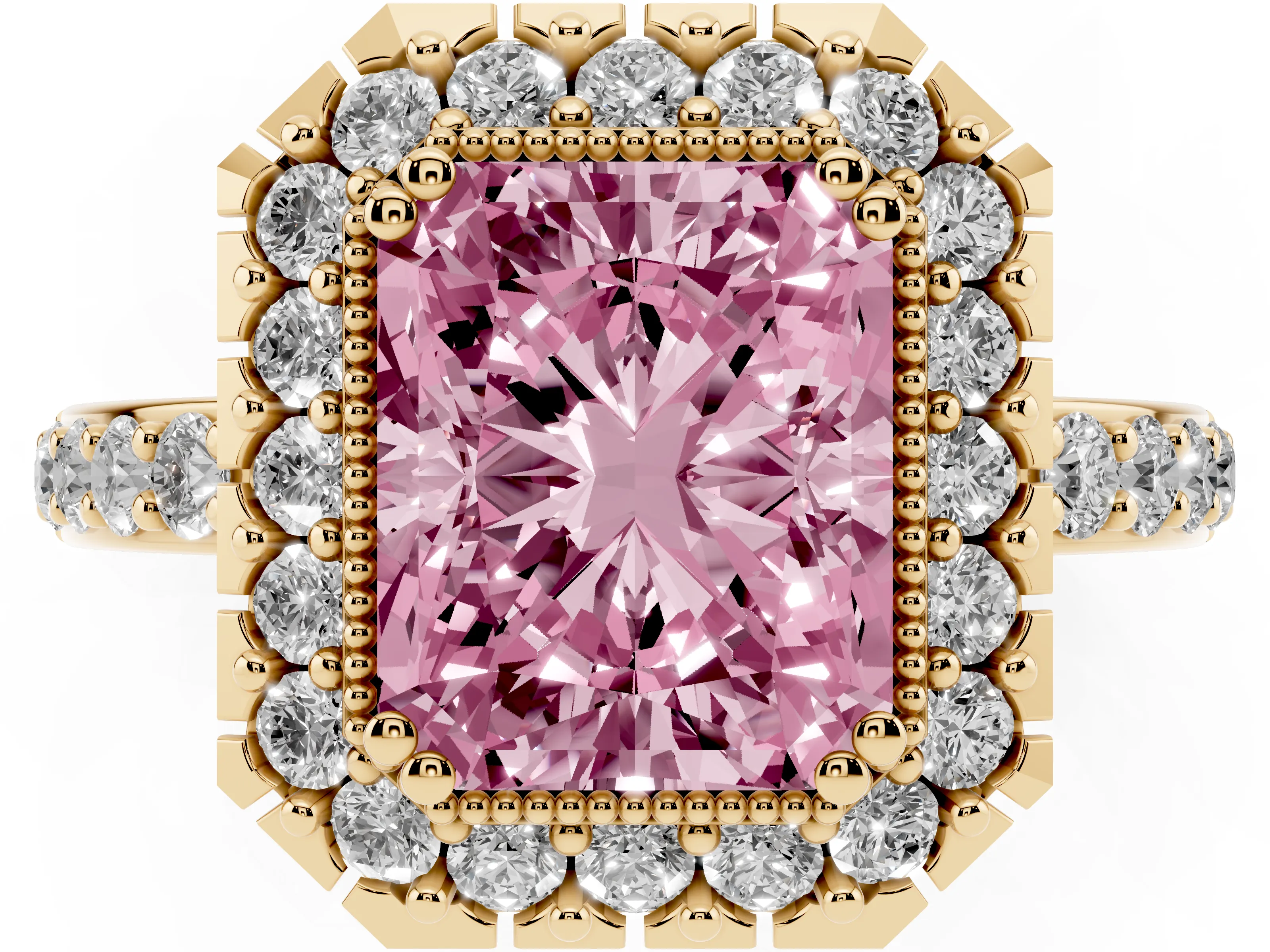 Fancy Pink Radiant Cut Diamond Halo Ring Set in Yellow gold with Pavé Shank and Prong Setting