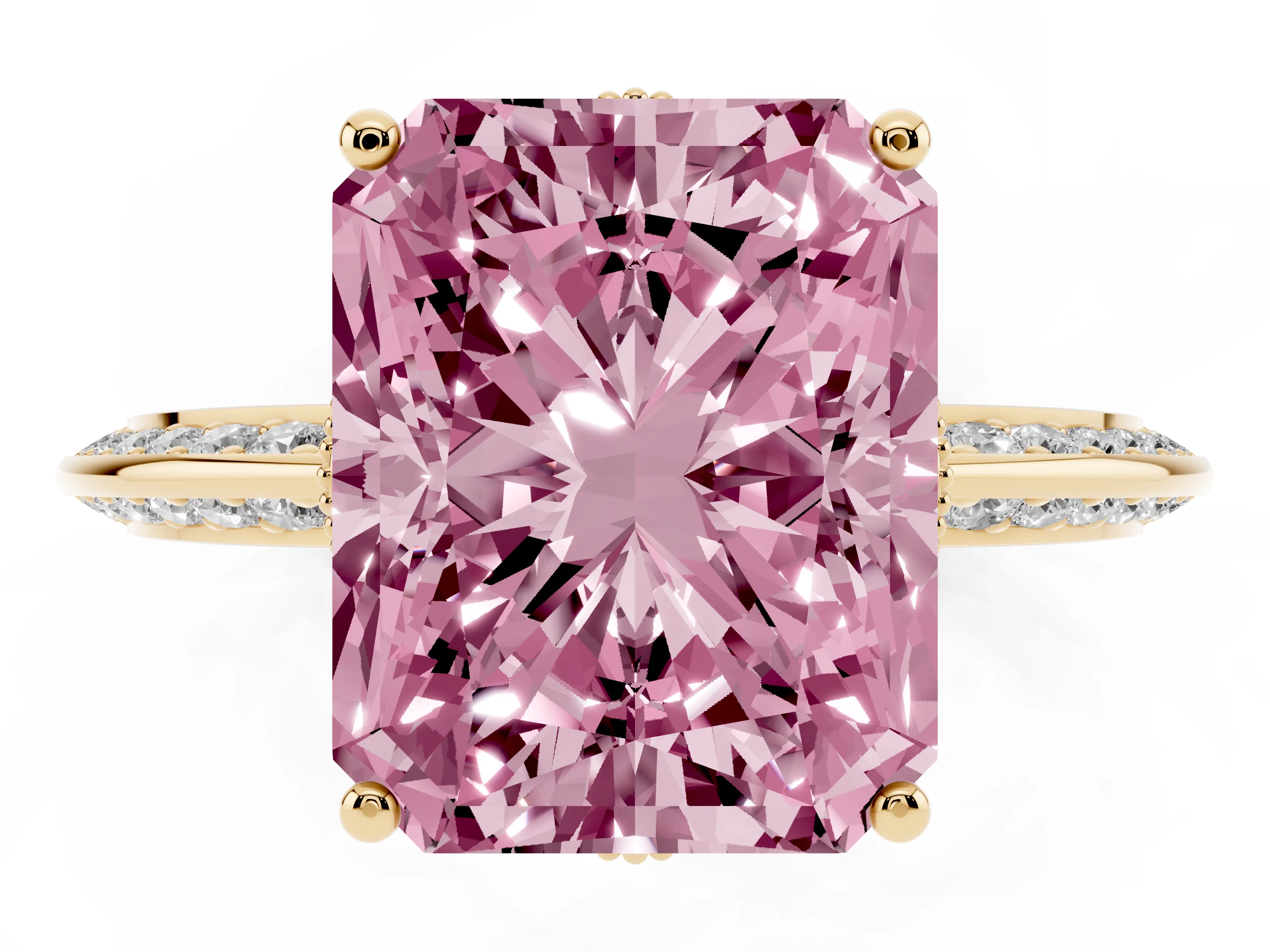 Fancy Pink Radiant Cut Diamond Solitaire Engagement Ring Set in Yellow gold with Pavé Split Shank and Prong Setting
