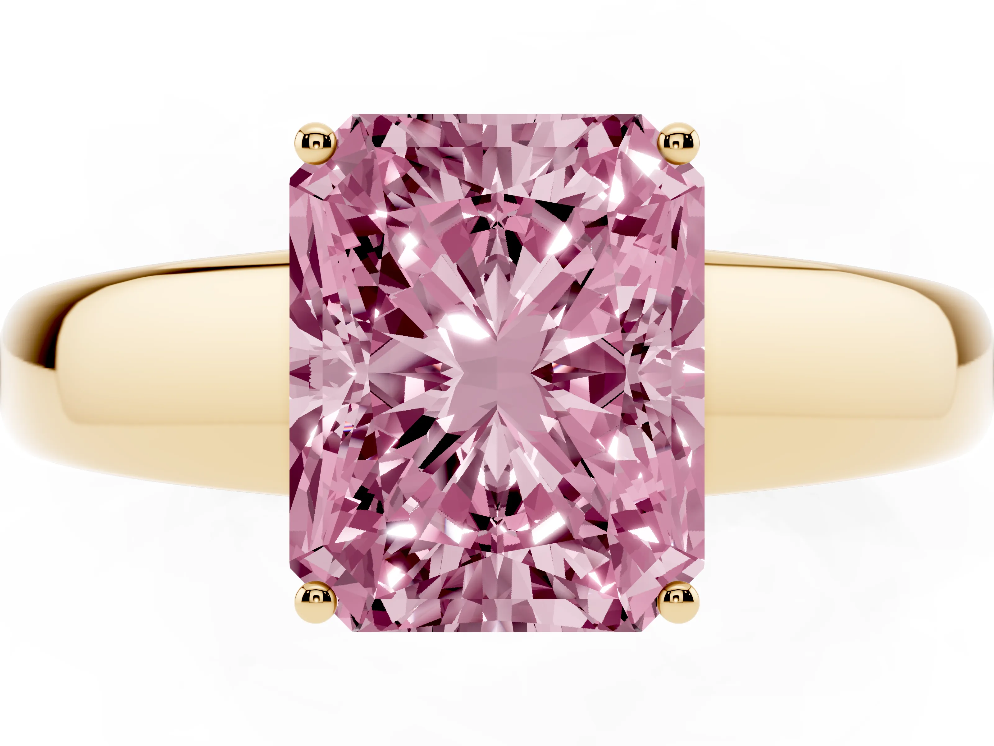 Fancy Pink Radiant Cut Diamond Solitaire Ring Set in Yellow gold with Tapered Band and Prong Setting
