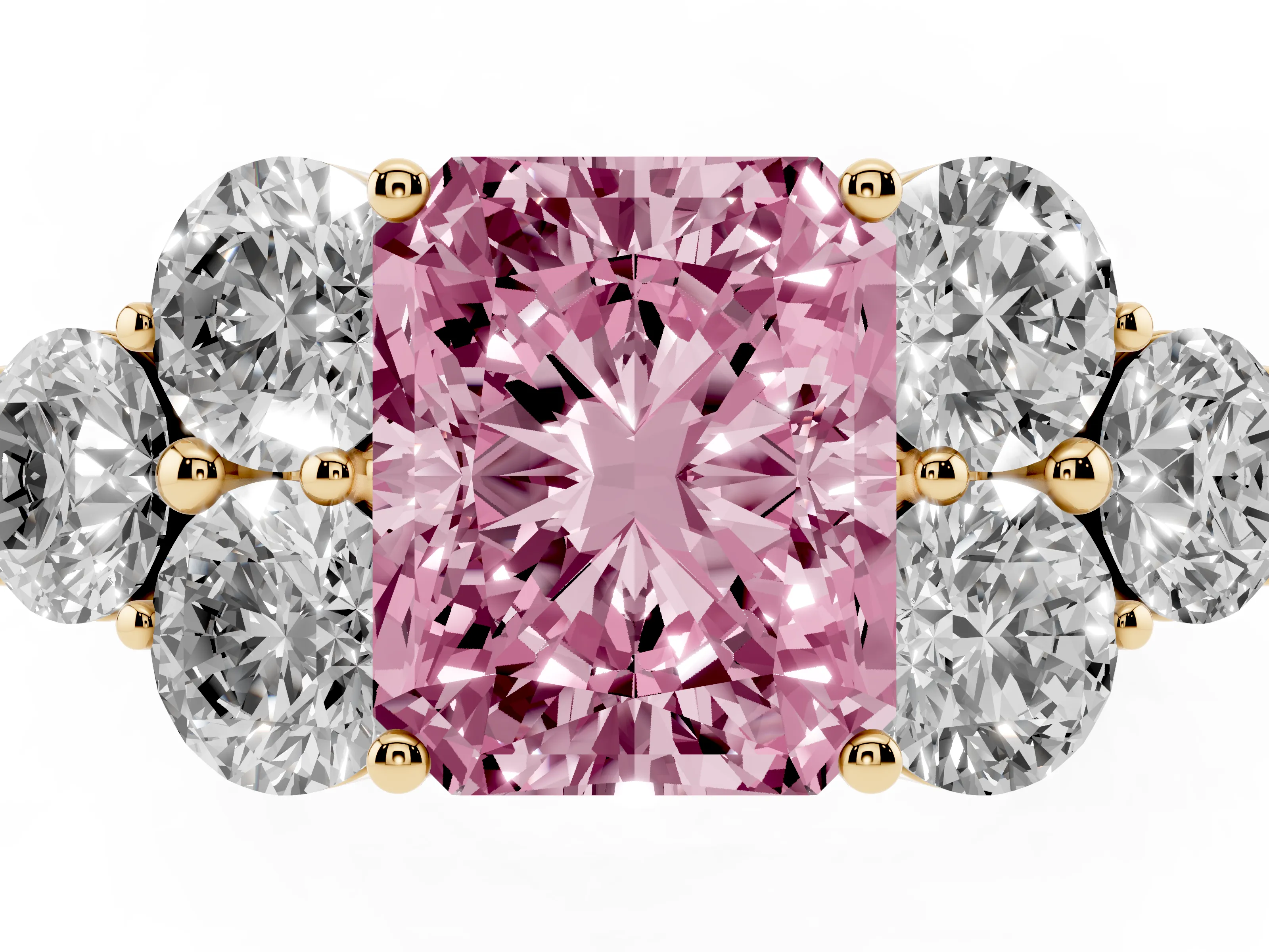 Fancy Pink Radiant Cut Diamond Cluster Ring Set in Yellow gold with Round Accent Stones and Prong Setting on a Plain Band