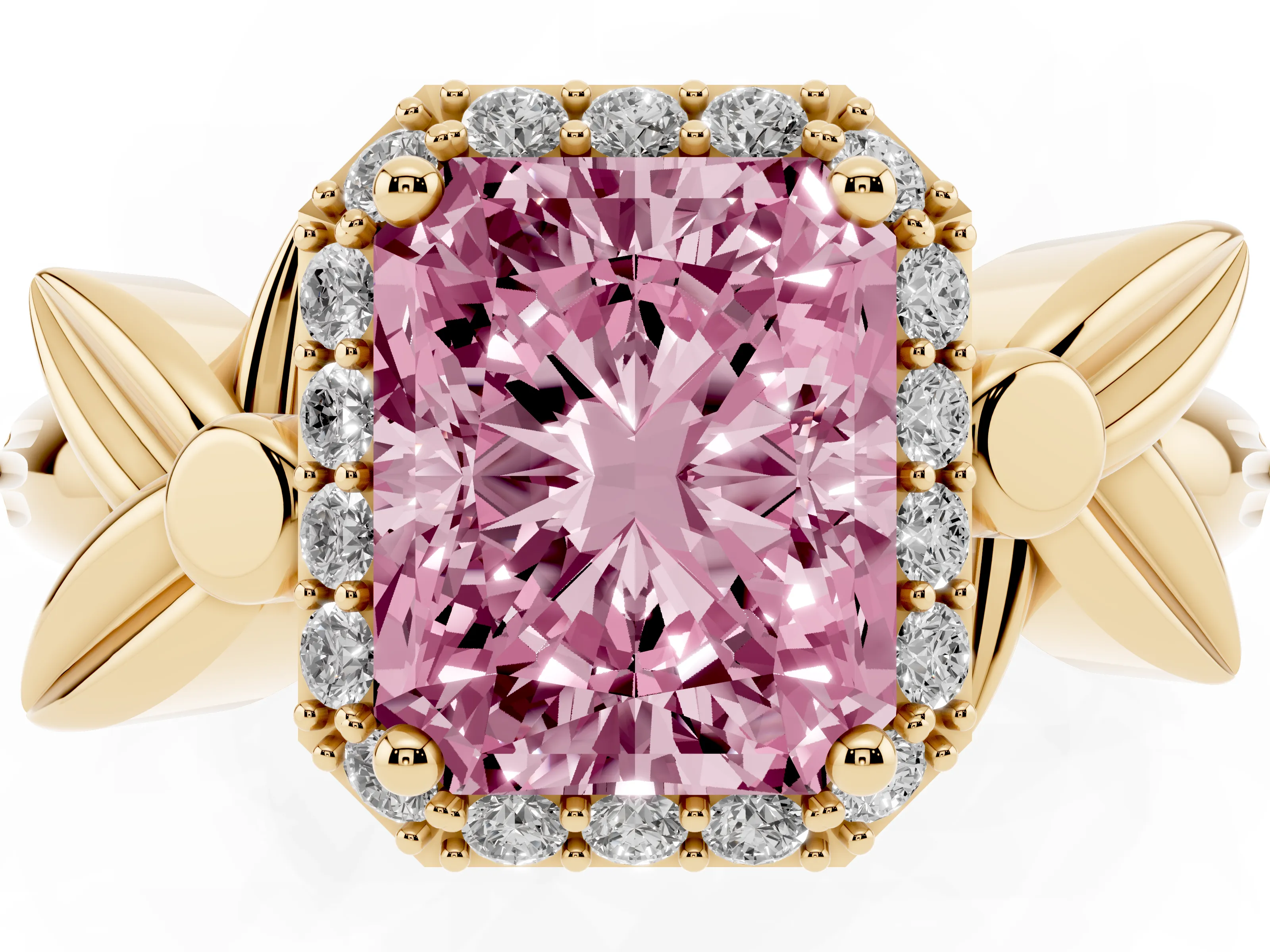 Fancy Pink Radiant Cut Diamond Halo Floral Band Ring Set in Yellow gold with Prong Setting