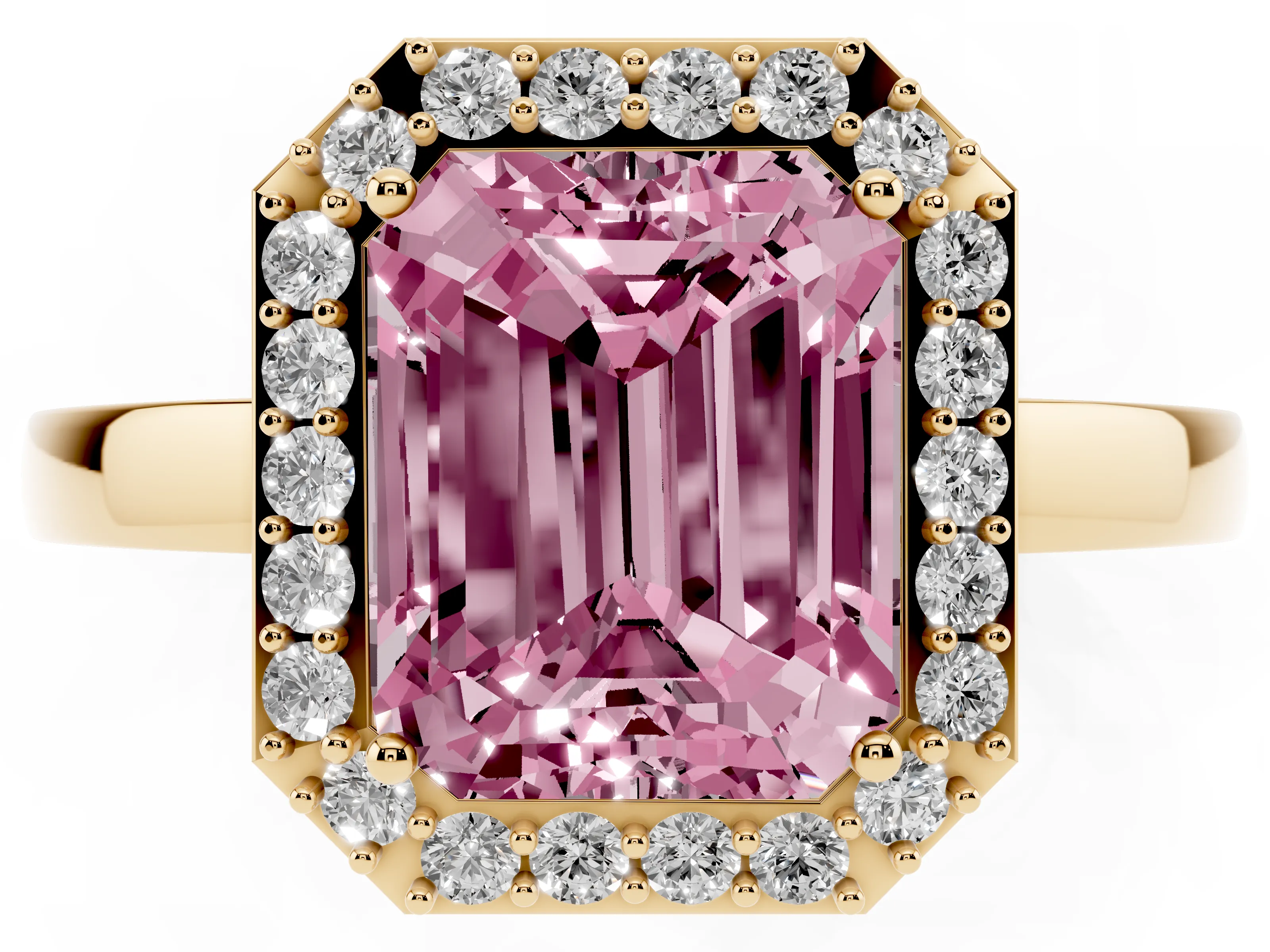 Fancy Pink Radiant Cut Diamond Halo Ring Set in Yellow gold with Solitaire Band and Prong Setting