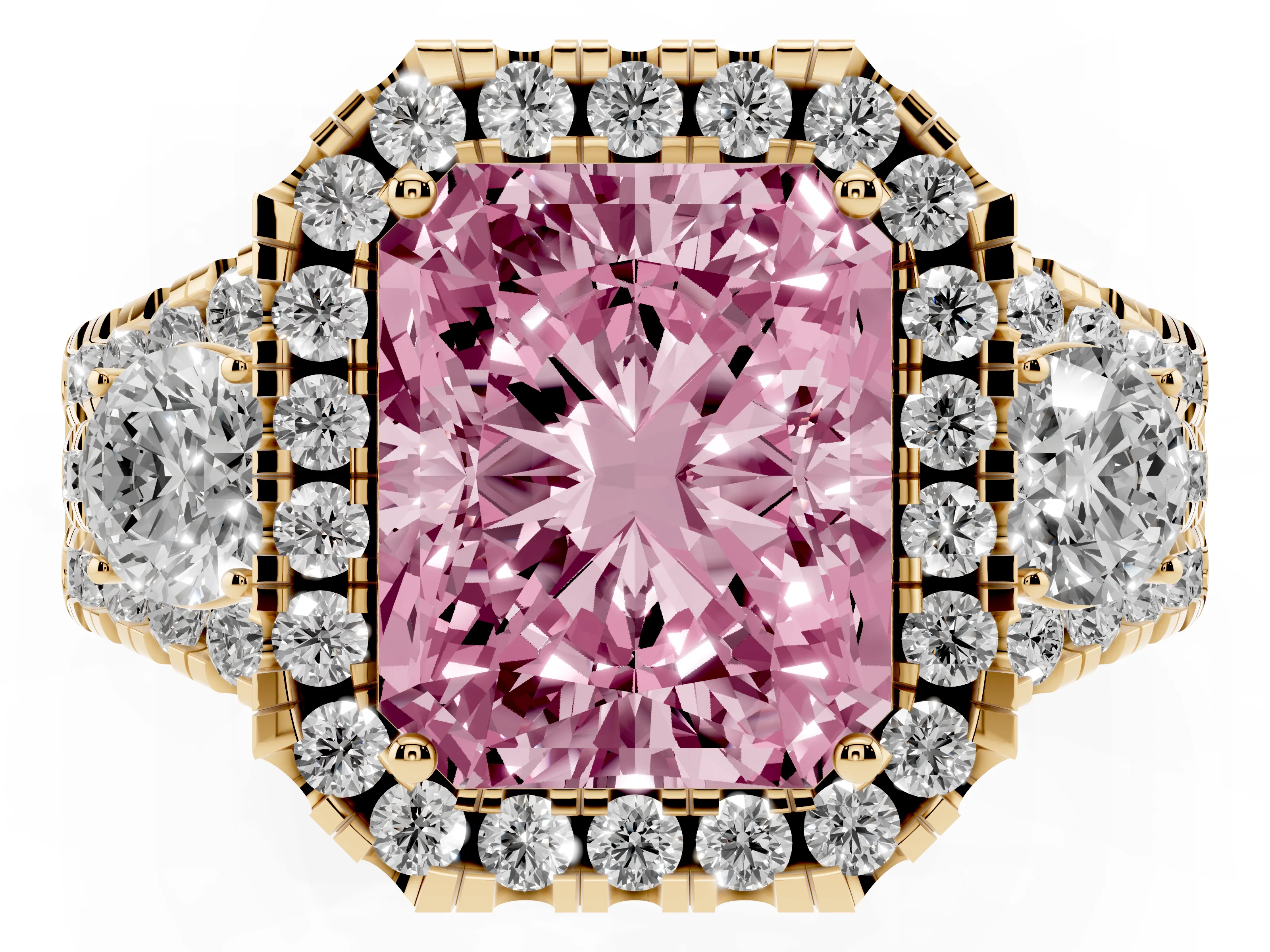 Fancy Pink Radiant Cut Diamond Halo Split Shank Ring Set in Yellow gold with Round Accent Stones and Prong Setting