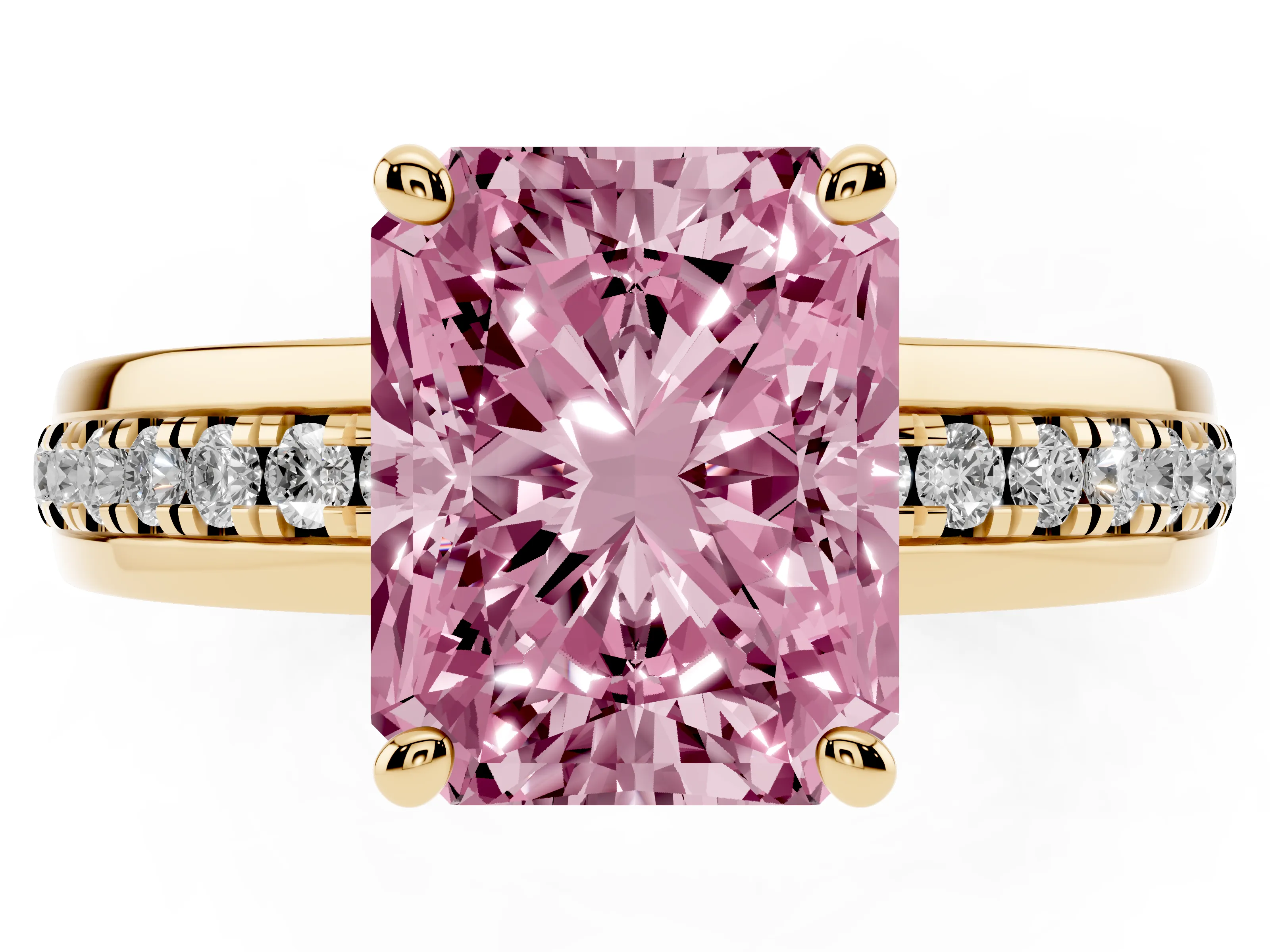 Fancy Pink Radiant Cut Diamond Solitaire Ring Set in Yellow gold with Channel Set Band and Prong Setting