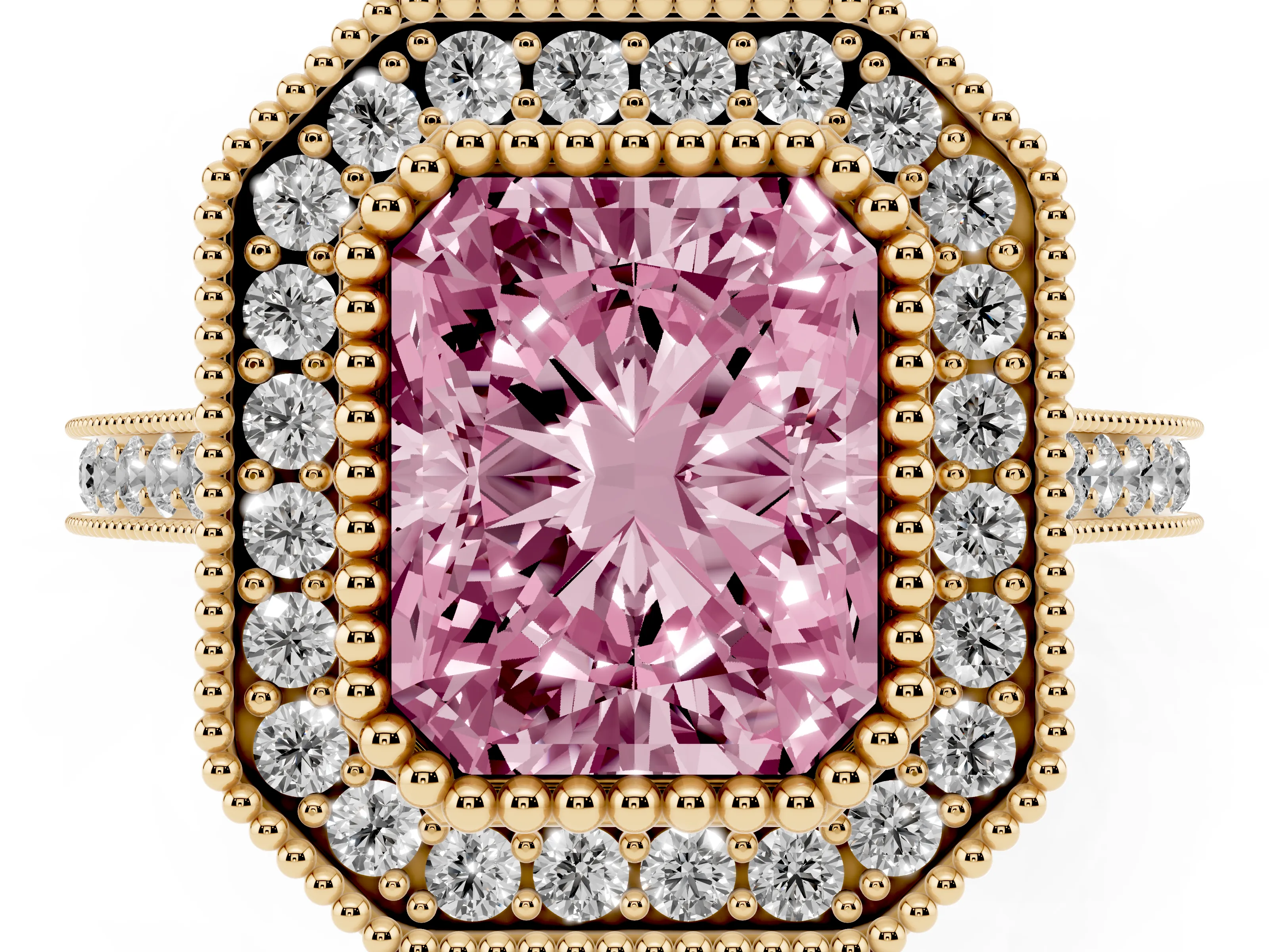 Fancy Pink Radiant Cut Diamond Halo Ring Set in Yellow gold with Milgrain Frame and Pavé Band
