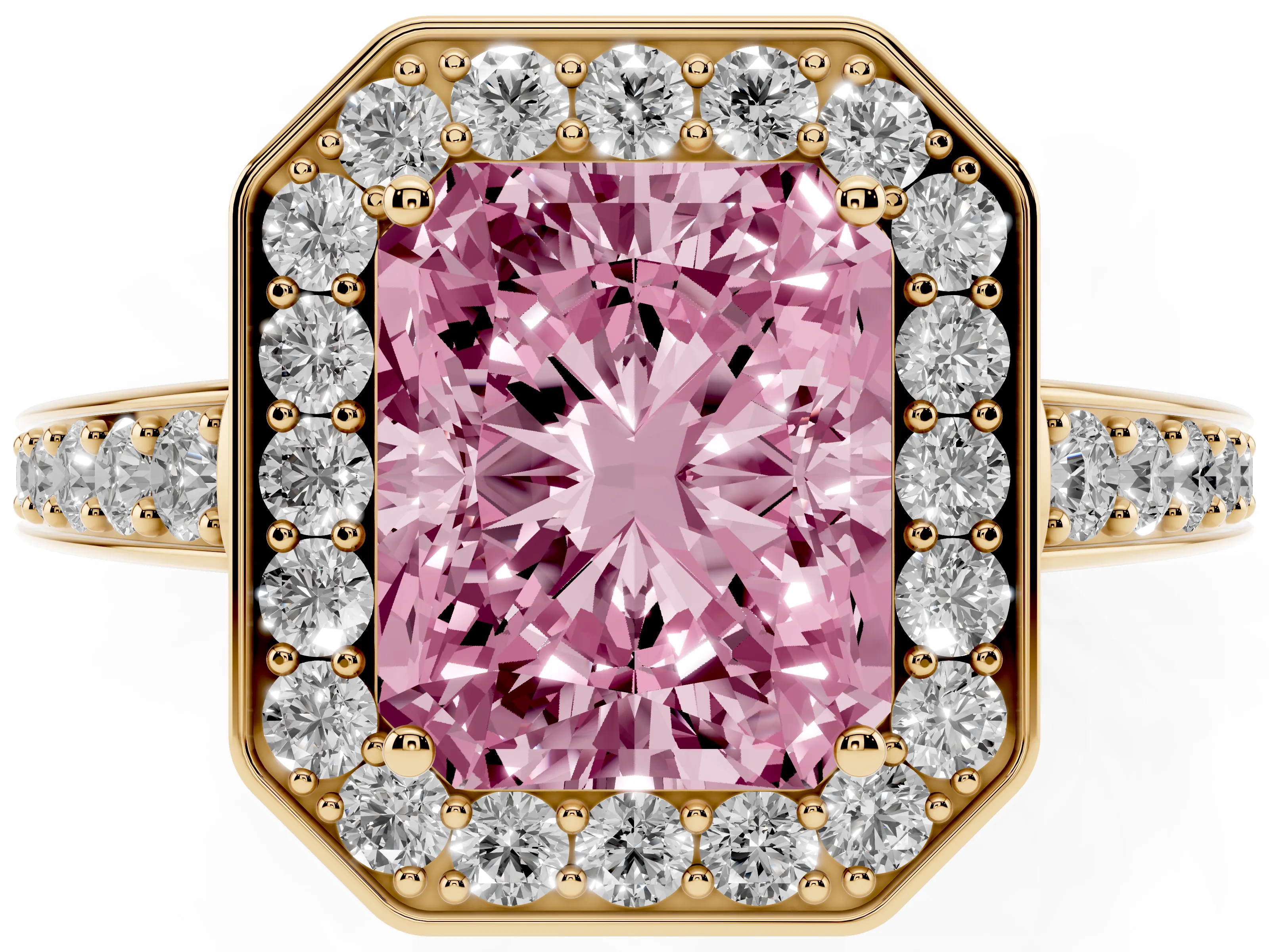 Fancy Pink Radiant Cut Diamond Halo Pavé Engagement Ring Set in Yellow gold with Bezel Setting