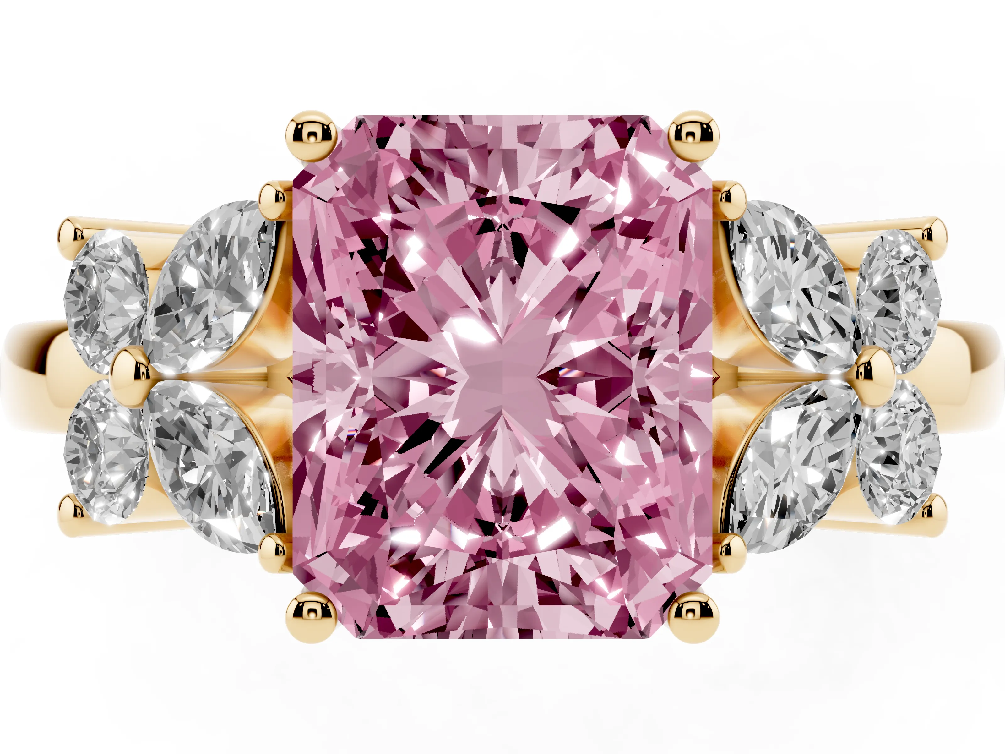 Fancy Pink Radiant Cut Diamond Floral Cluster Ring Set in Yellow gold with Marquise Petals and Prong Setting
