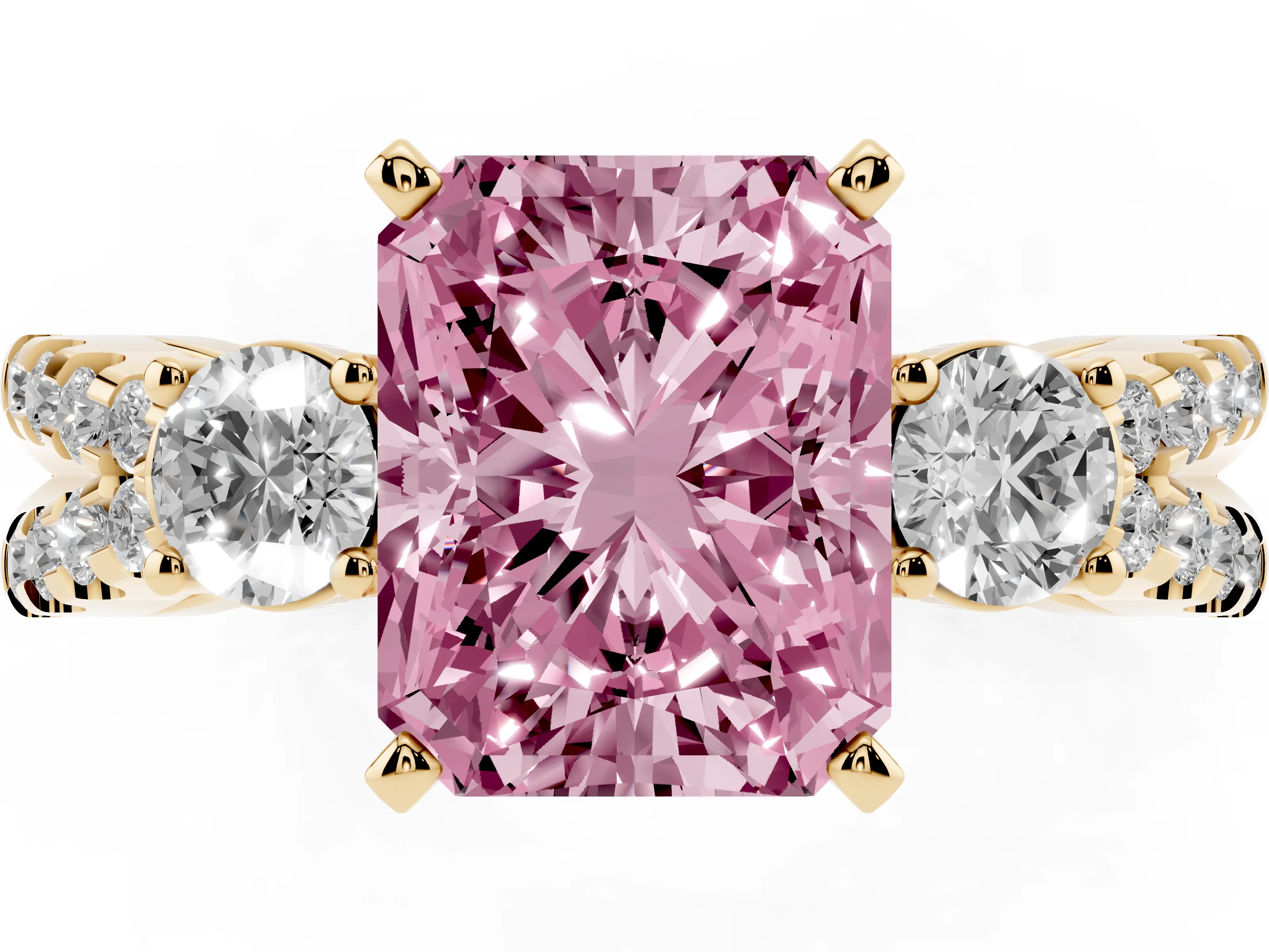 Fancy Pink Radiant Cut Diamond Three-Stone Ring Set in Yellow gold with Pavé Split Shank and Prong Setting