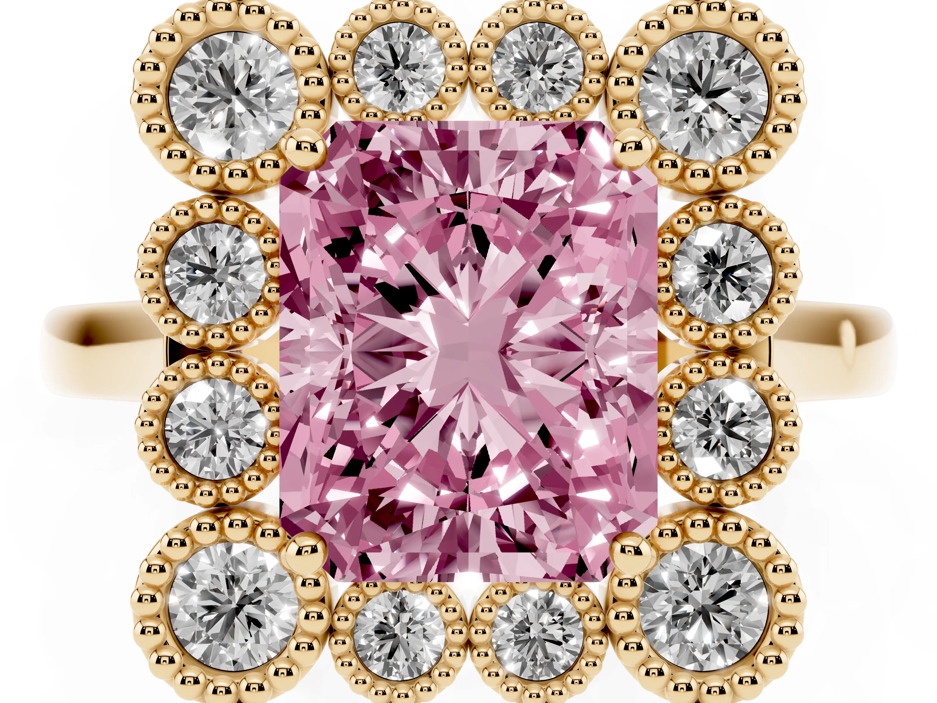Fancy Pink Radiant Cut Diamond Cluster Halo Ring Set in Yellow gold with Milgrain Bezel Accents and Plain Band