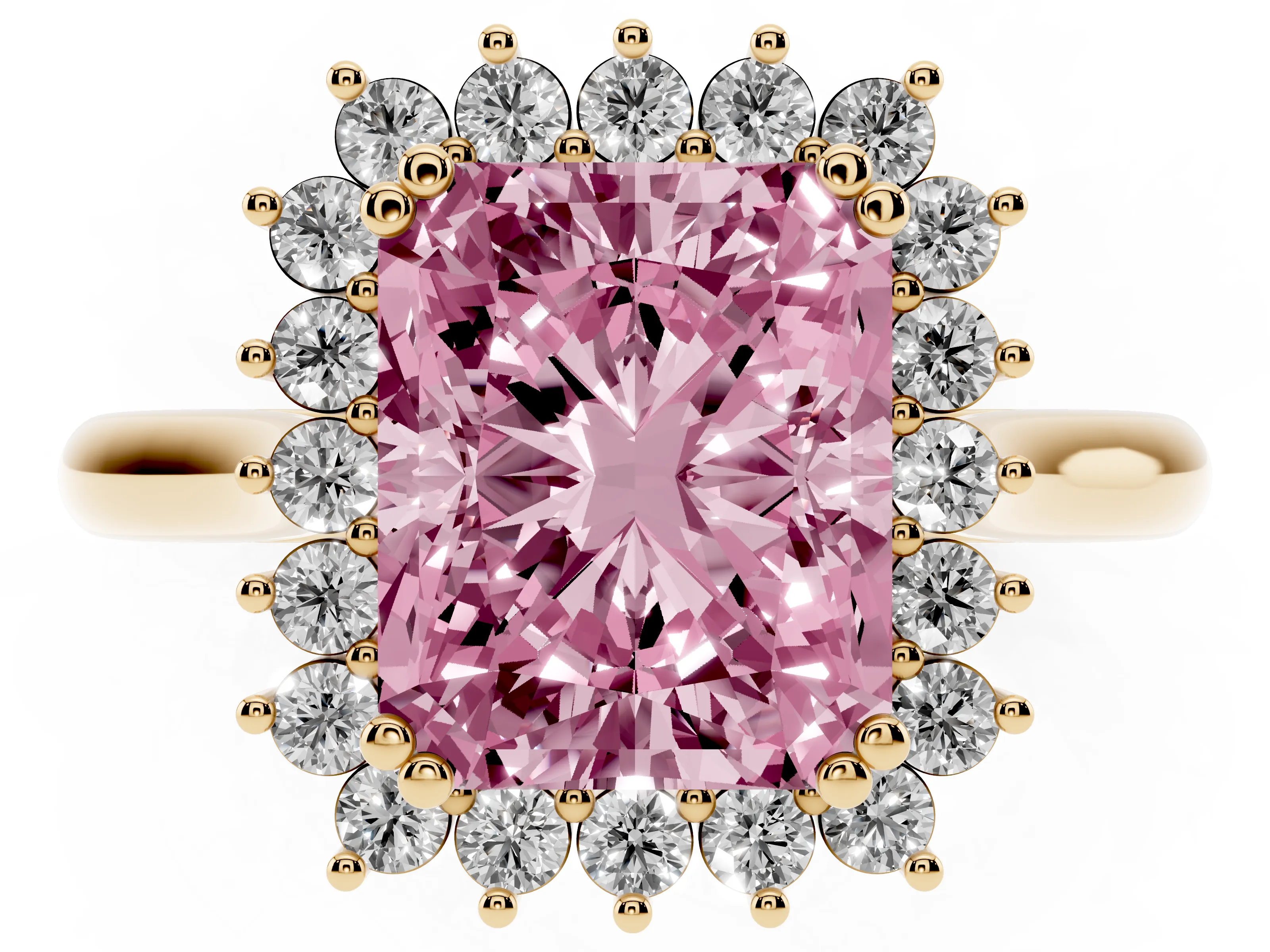 Fancy Pink Radiant Cut Diamond Halo Ring Set in Yellow gold with Plain Solitaire Band and Prong Setting