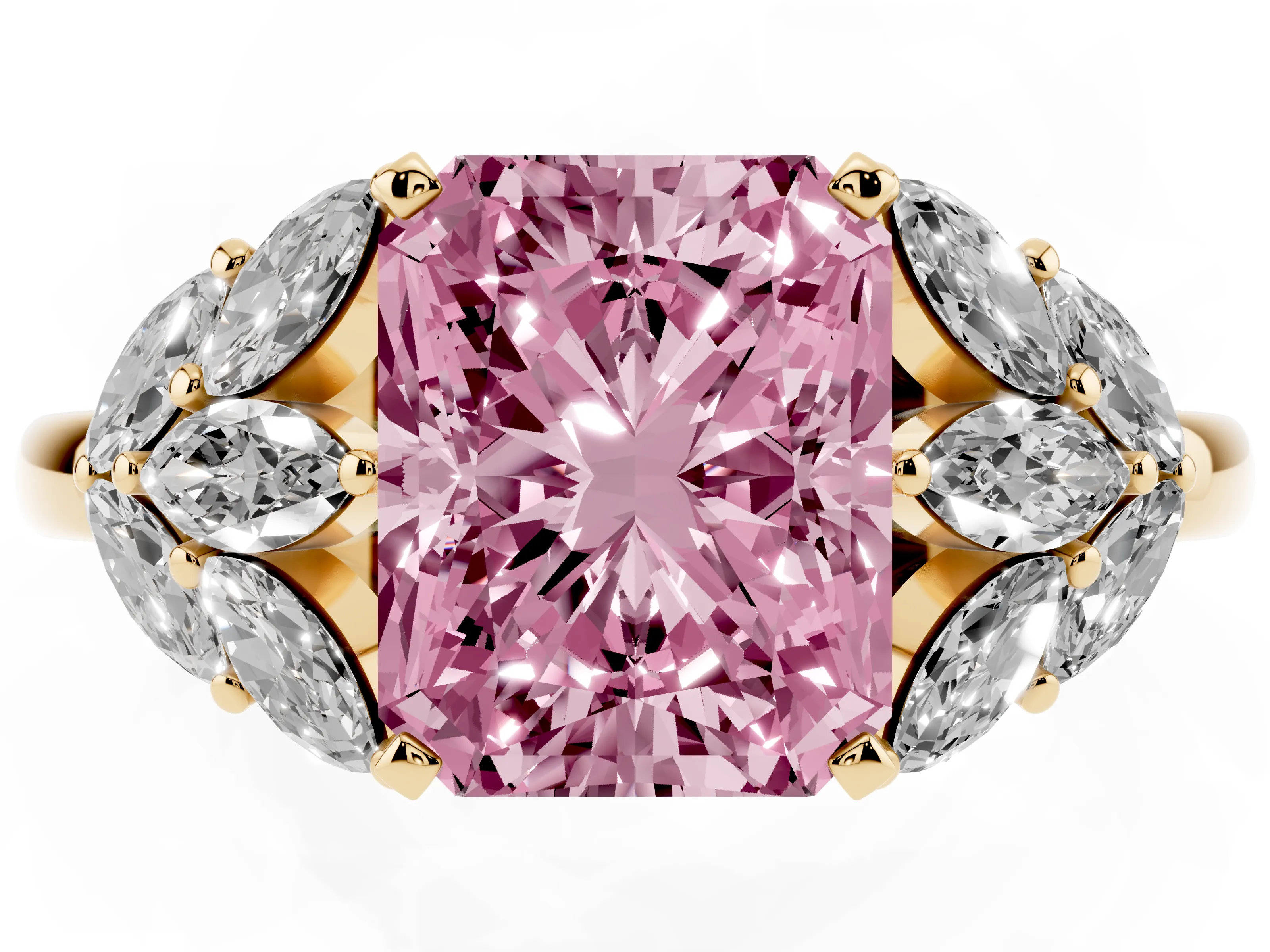 Fancy Pink Radiant Cut Diamond Cluster Leaf Design Ring Set in Yellow gold with Prong Setting
