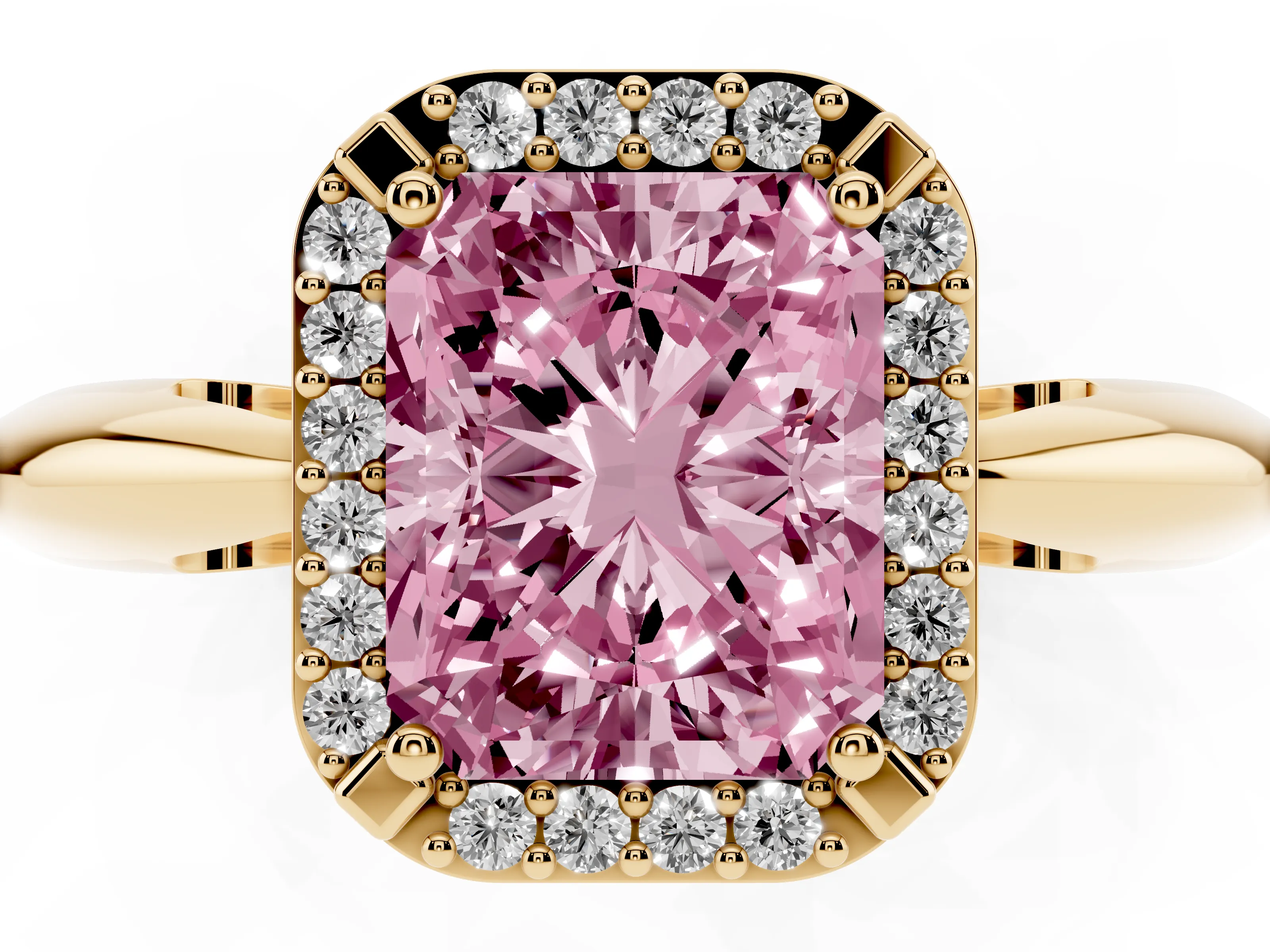 Fancy Pink Radiant Cut Diamond Halo Engagement Ring Set in Yellow gold with Plain Split Shank and Prong Setting