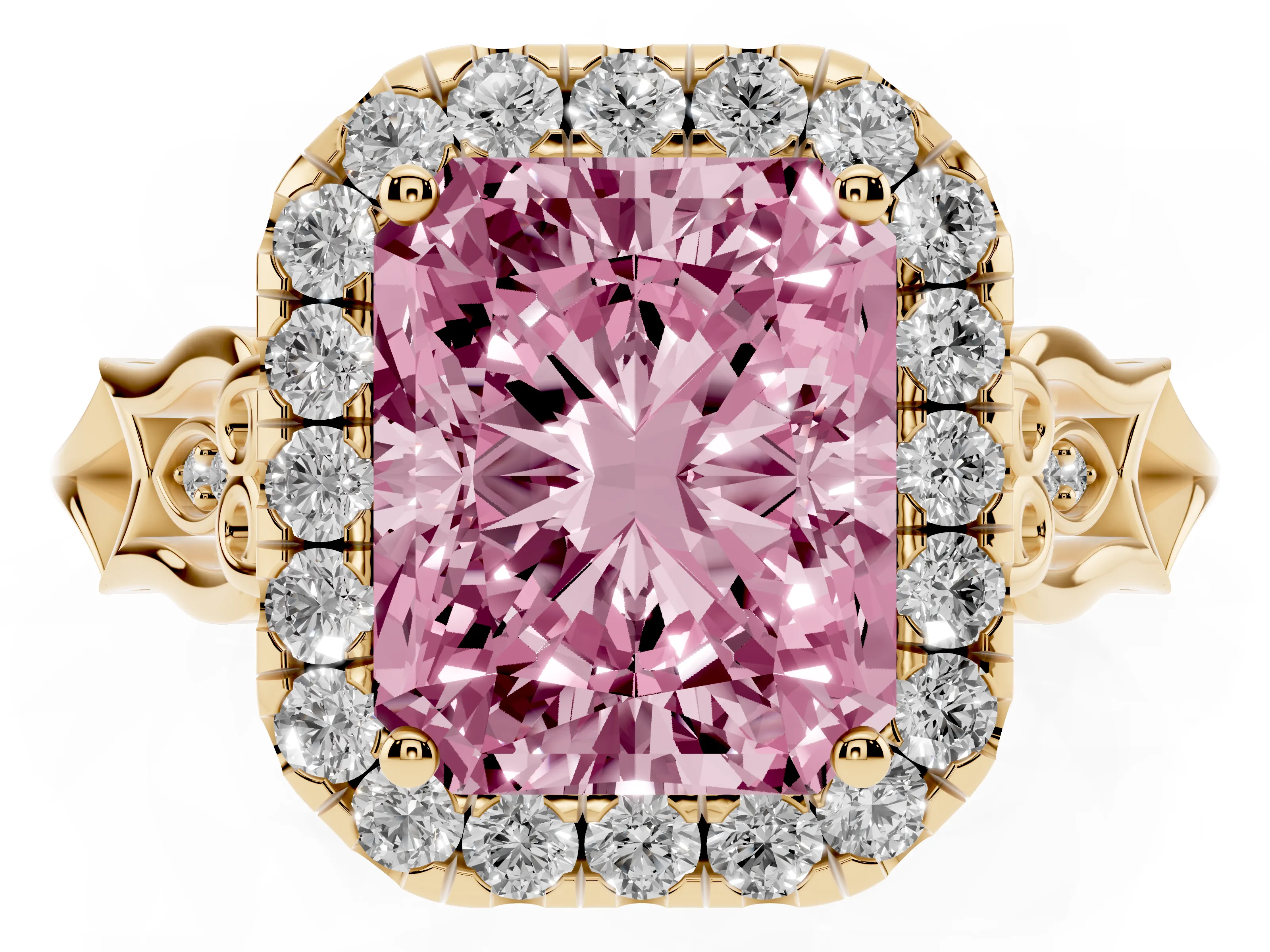 Fancy Pink Radiant Cut Diamond Halo Engagement Ring Set in Yellow gold with Filigree Band and Prong-Set Center