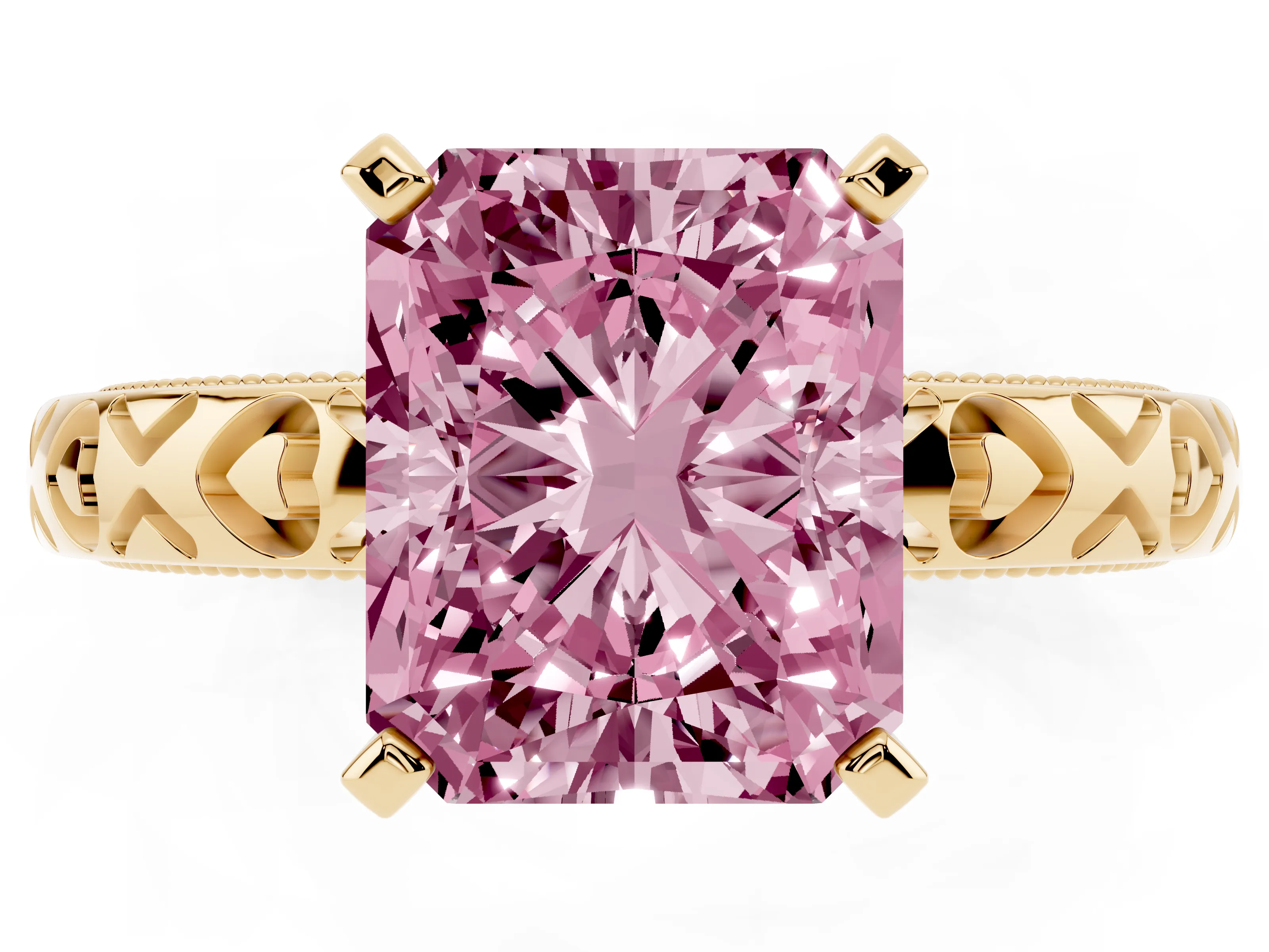 Fancy Pink Radiant Cut Diamond Solitaire Engagement Ring Set in Yellow gold with XO Engraved Band and Prong Setting