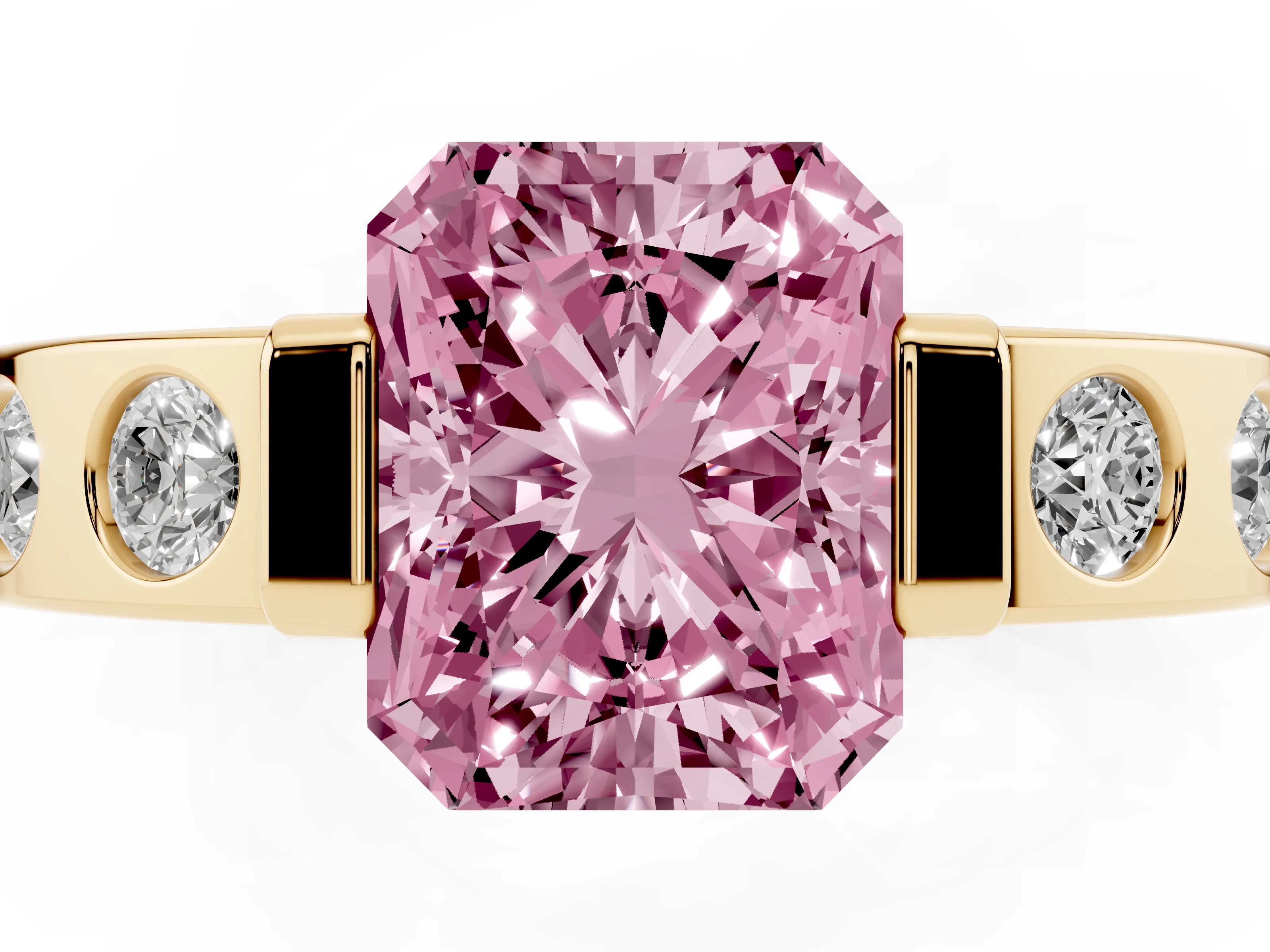 Fancy Pink Radiant Cut Diamond Channel-Set Band Ring Set in Yellow gold with Bezel Prong Setting