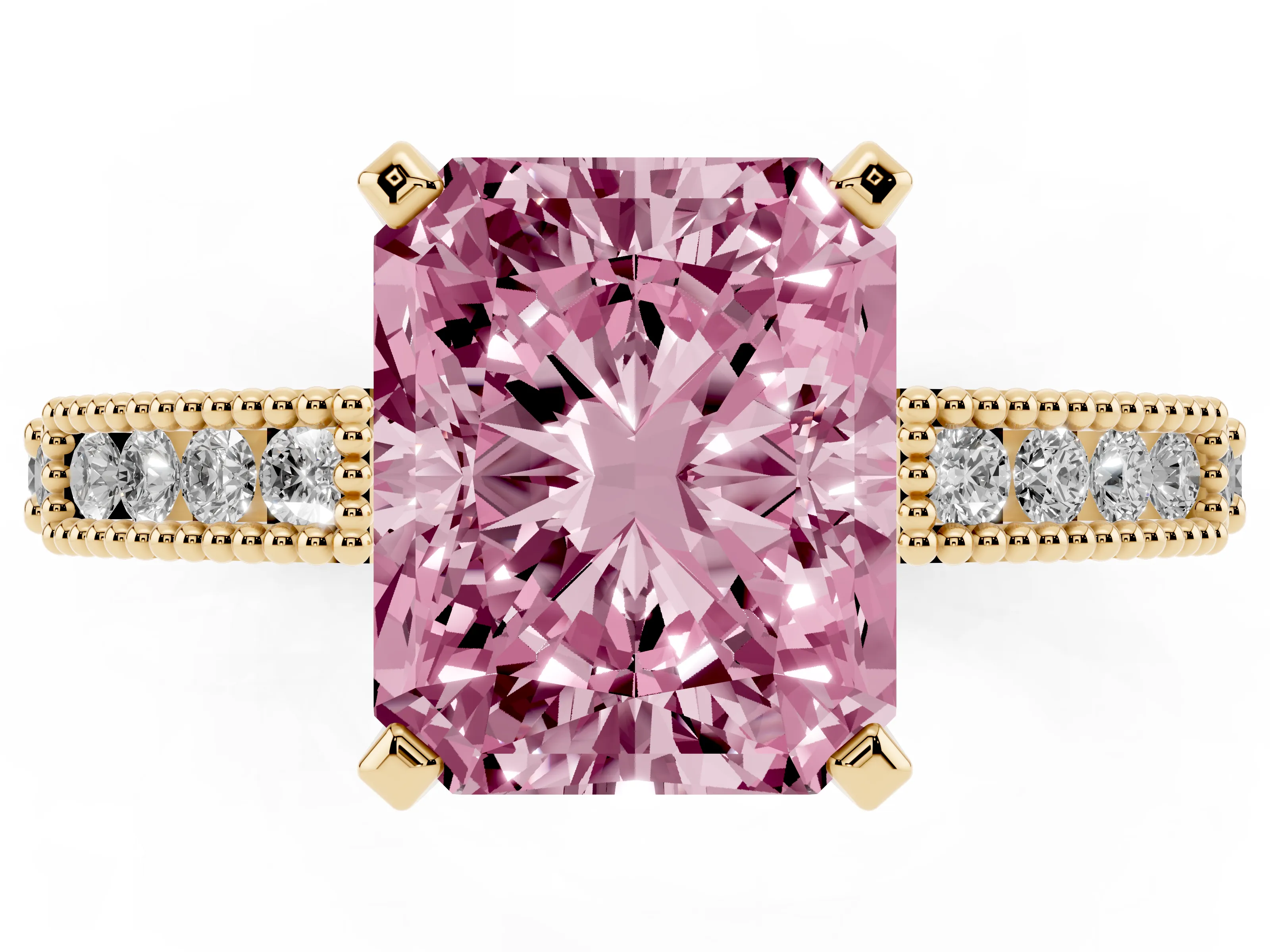 Fancy Pink Radiant Cut Diamond Solitaire Ring Set in Yellow gold with Slim Pavé Band and Prong Setting