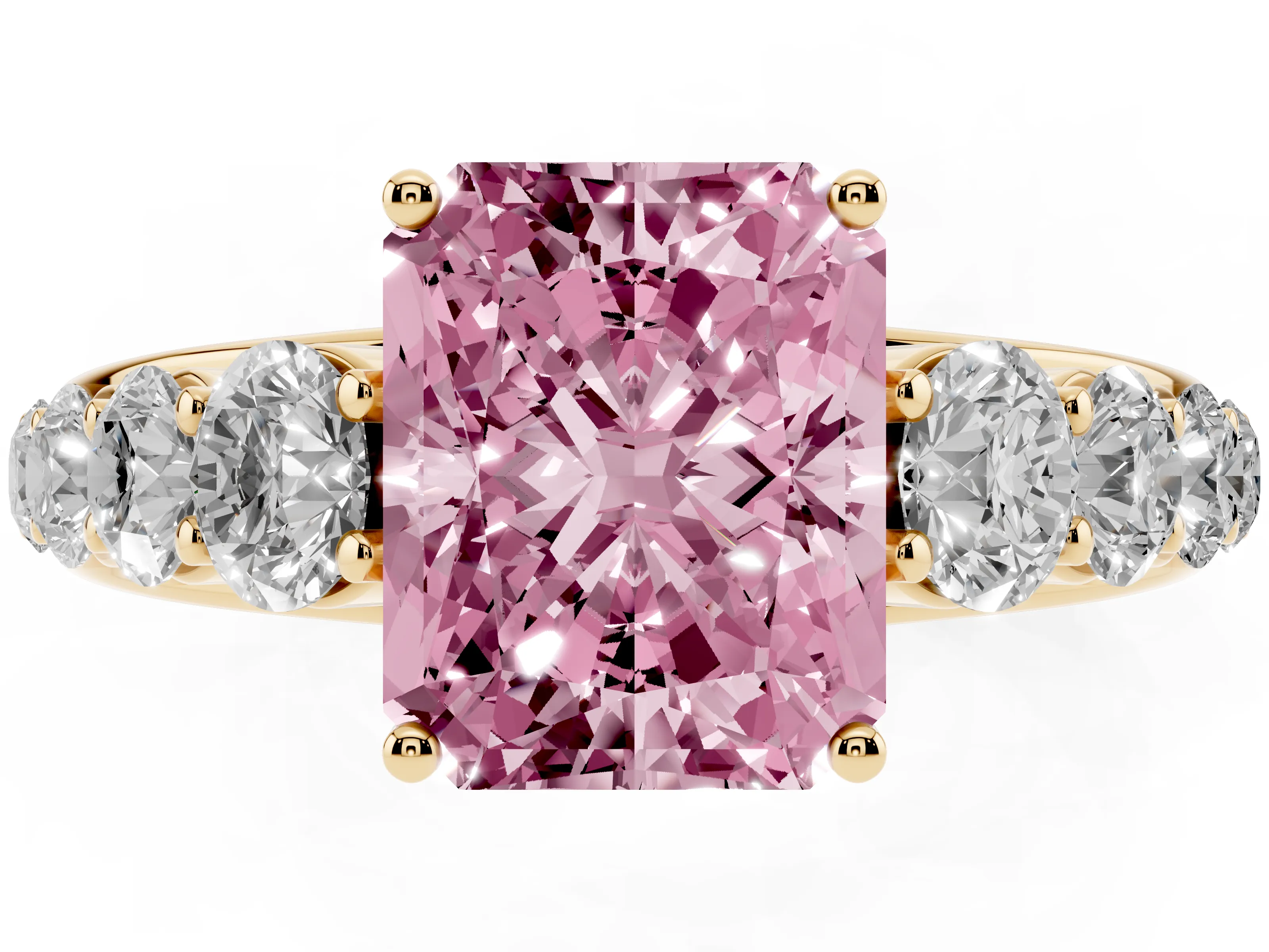 Fancy Pink Radiant Cut Diamond Solitaire Ring Set in Yellow gold with Pavé-Set Band and Prong Setting
