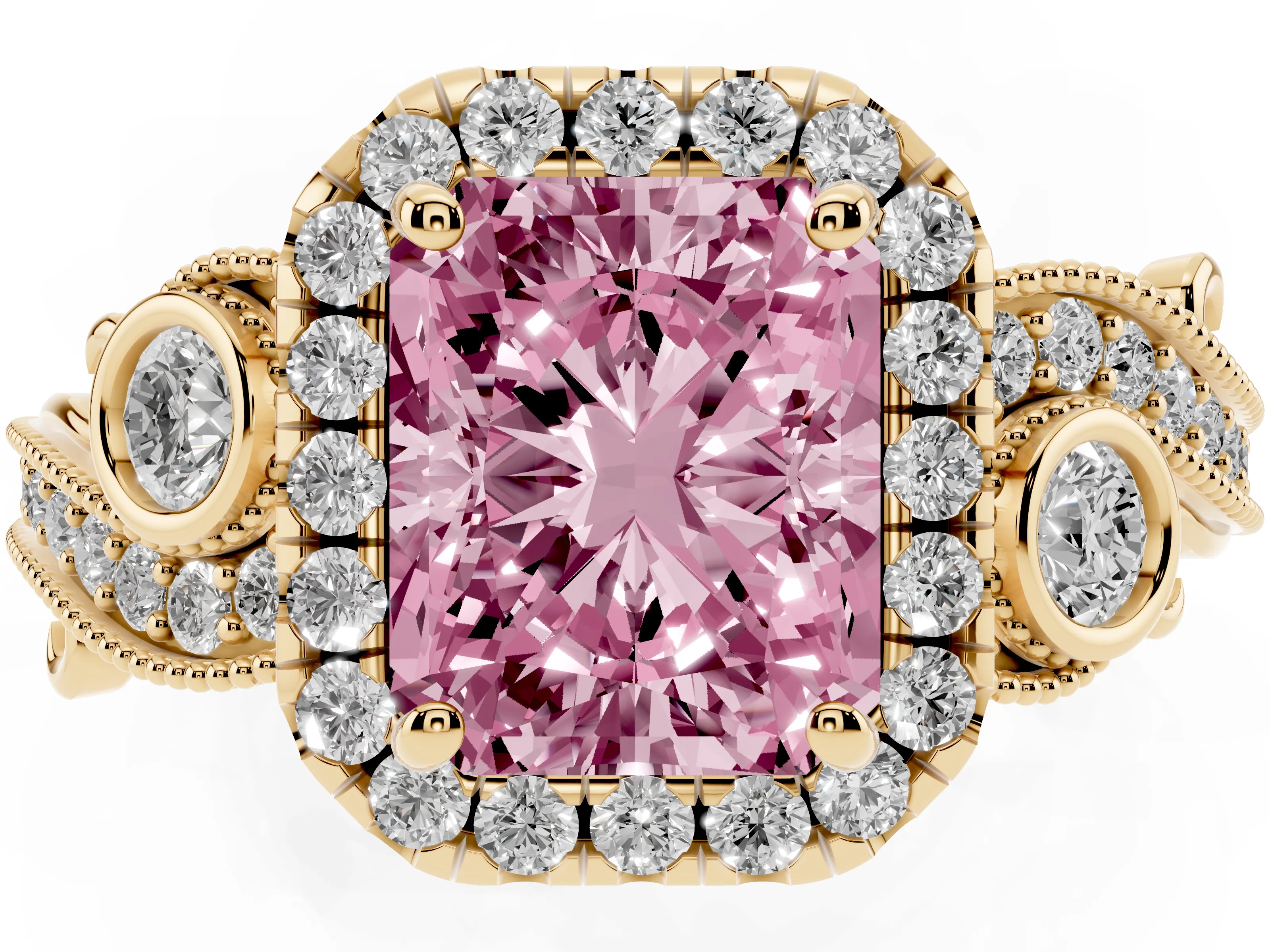 Fancy Pink Radiant Cut Diamond Halo Ring Set in Yellow gold with Milgrain Pavé Band and Prong Setting