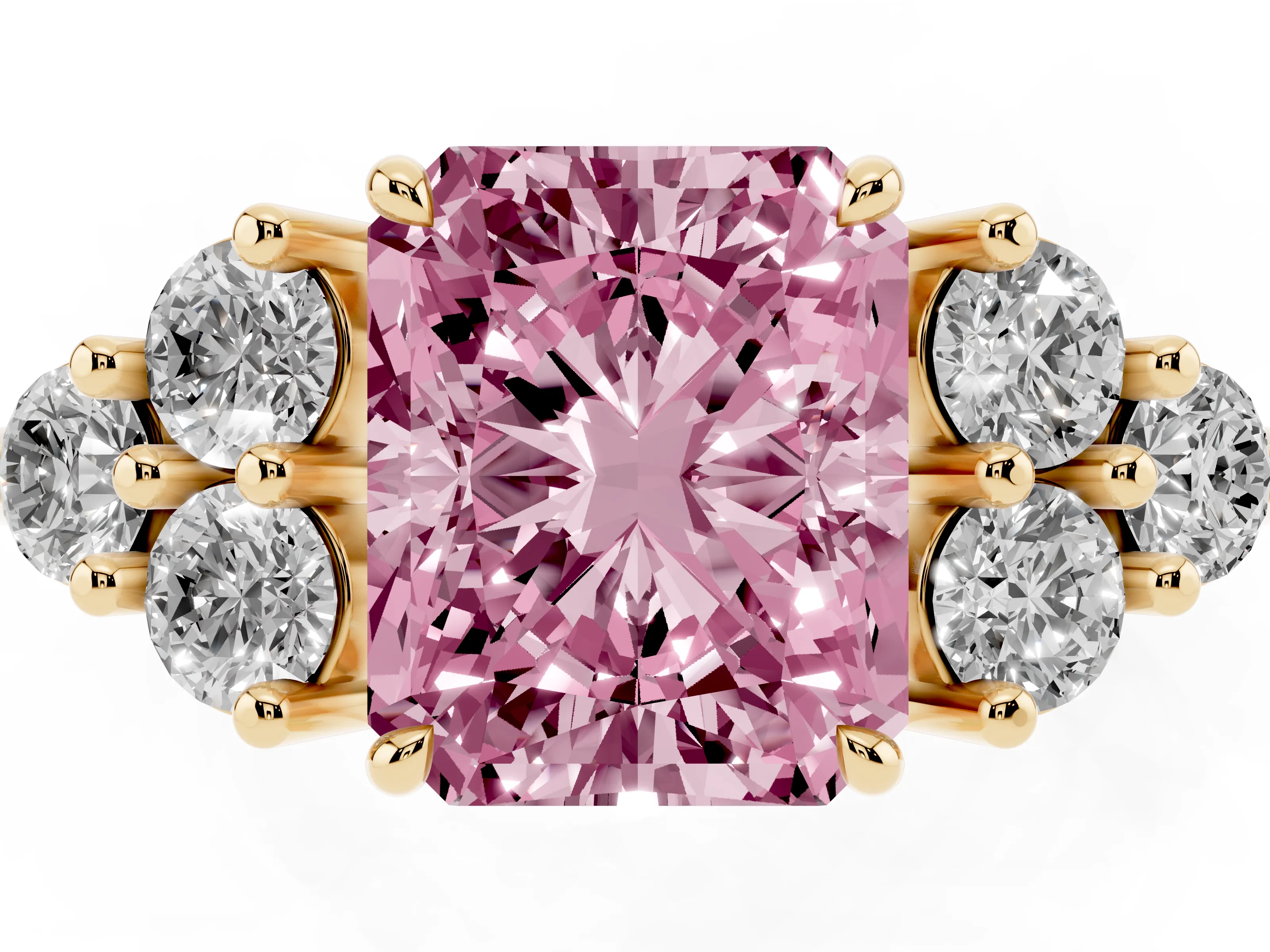 Fancy Pink Radiant Cut Diamond Solitaire Ring Set in Yellow gold with Cluster Accents on Each Side