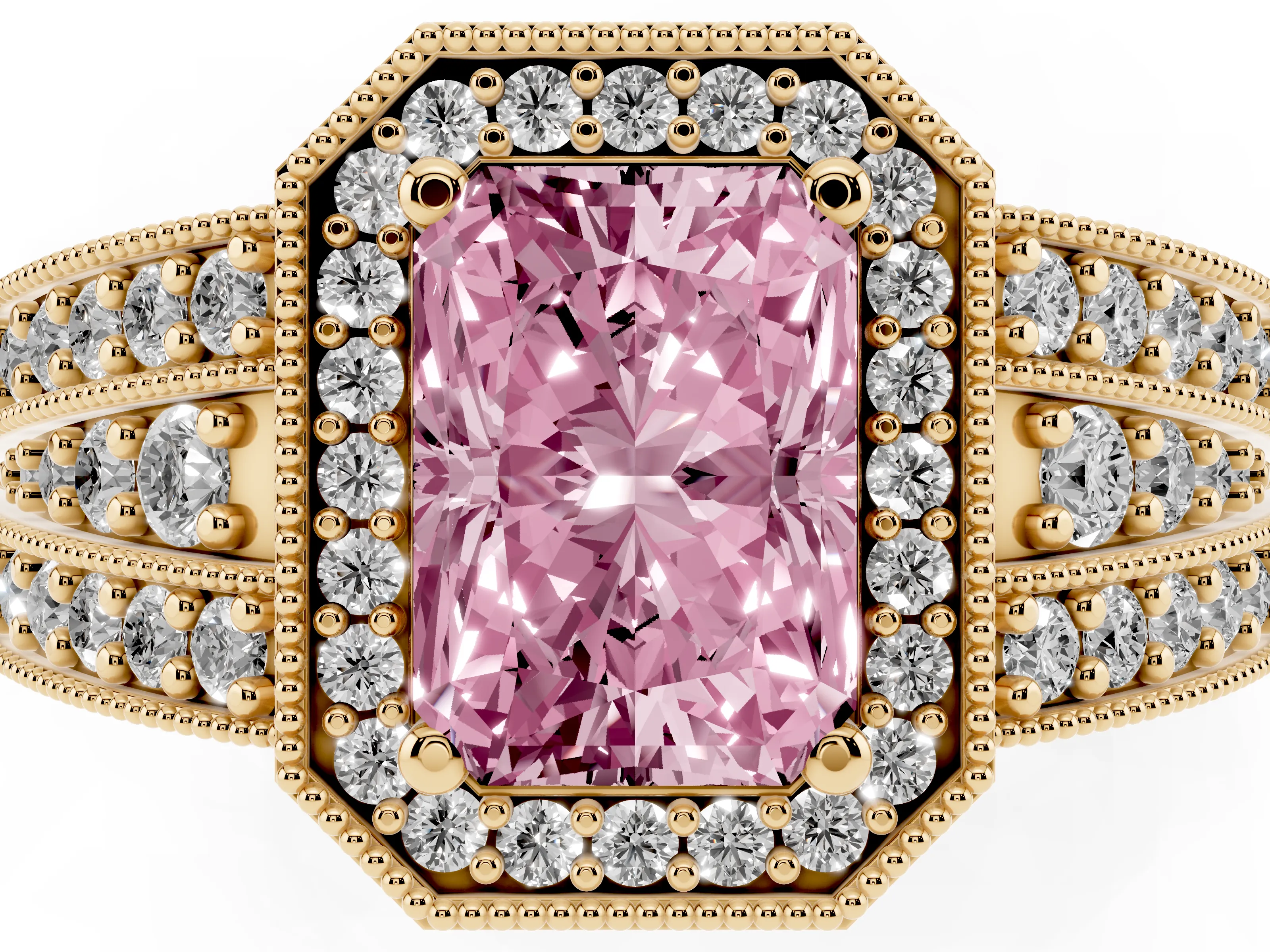 Fancy Pink Radiant Cut Diamond Halo Ring Set in Yellow gold with Accent Split Shank and Prong Setting