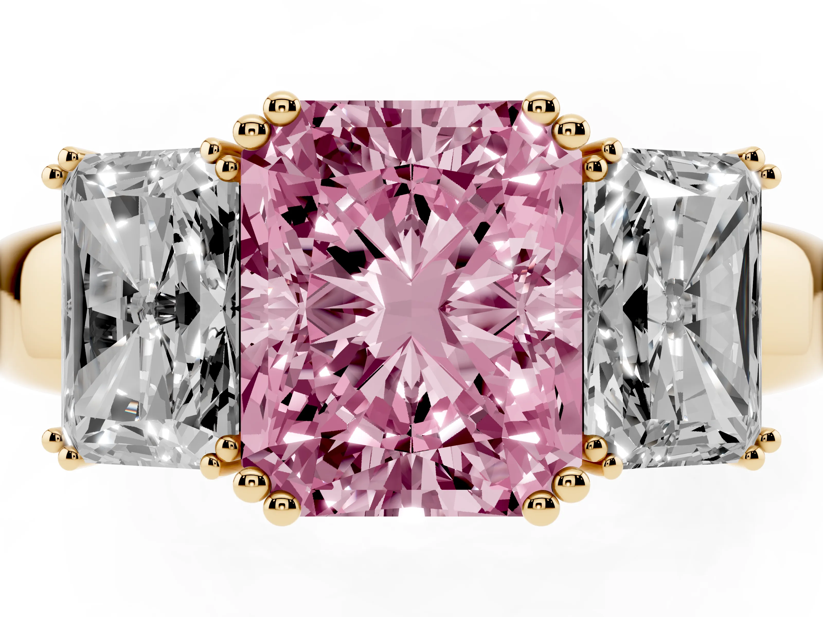 Fancy Pink Radiant Cut Diamond Three-Stone Ring Set in Yellow gold with Polished Channel-Set Band