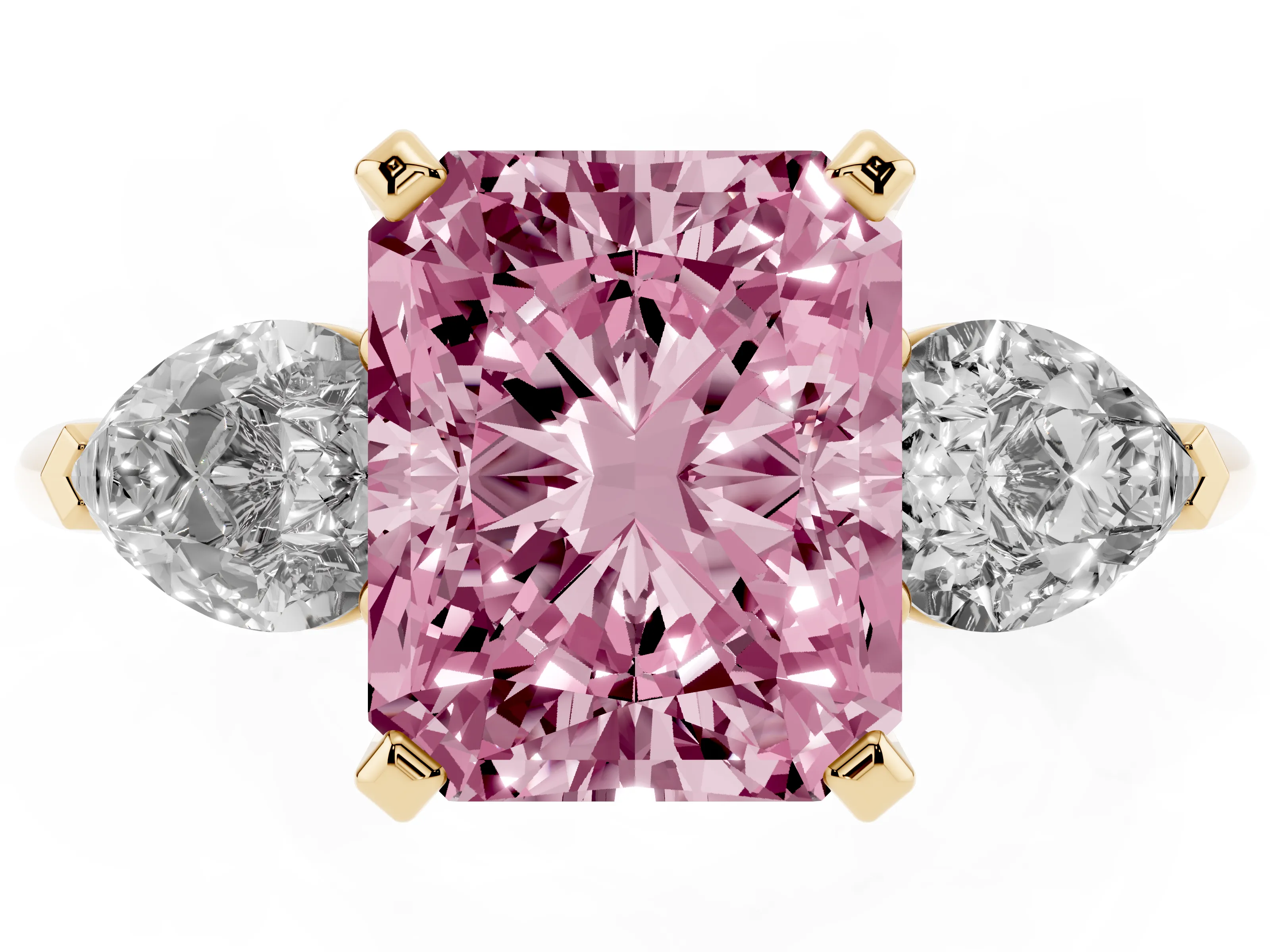 Fancy Pink Three-Stone Radiant Cut Diamond Ring Set in Yellow gold with Pear Side Stones and Prong Setting