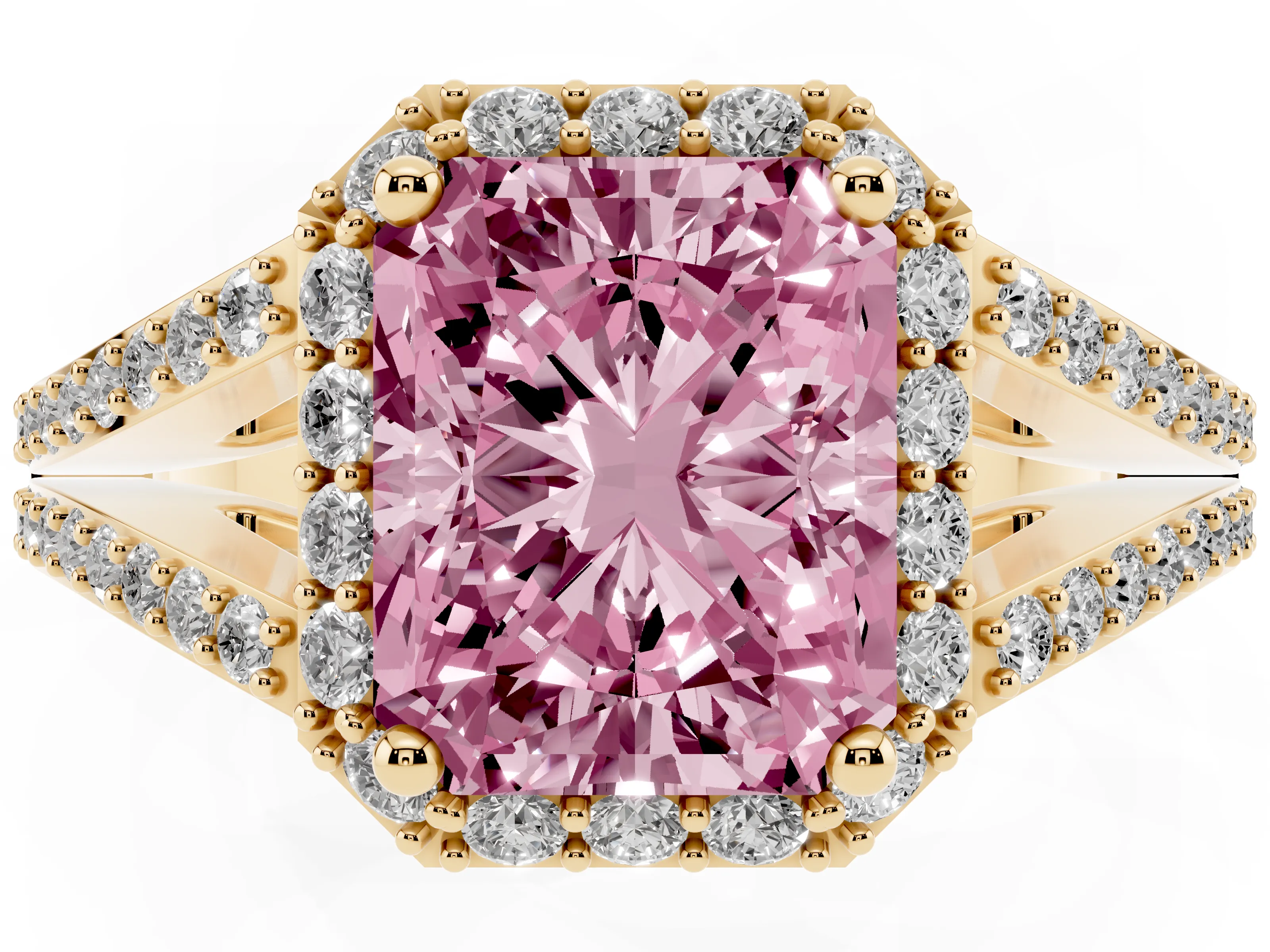 Fancy Pink Radiant Cut Diamond Halo Split Shank Pavé Ring Set in Yellow gold with Prong Setting