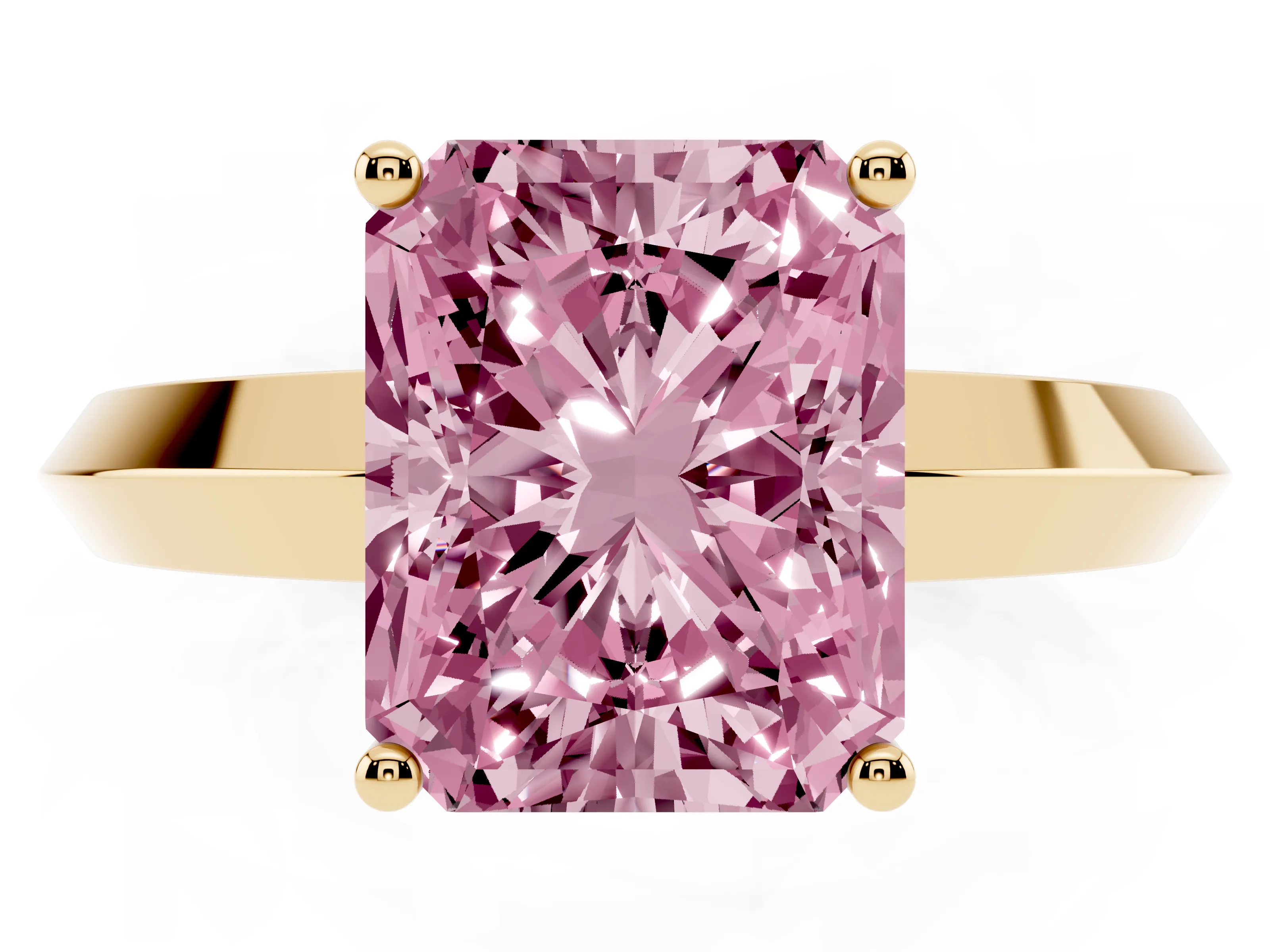 Fancy Pink Radiant Cut Diamond Solitaire Engagement Ring Set in Yellow gold with Flat Band and Prong Setting