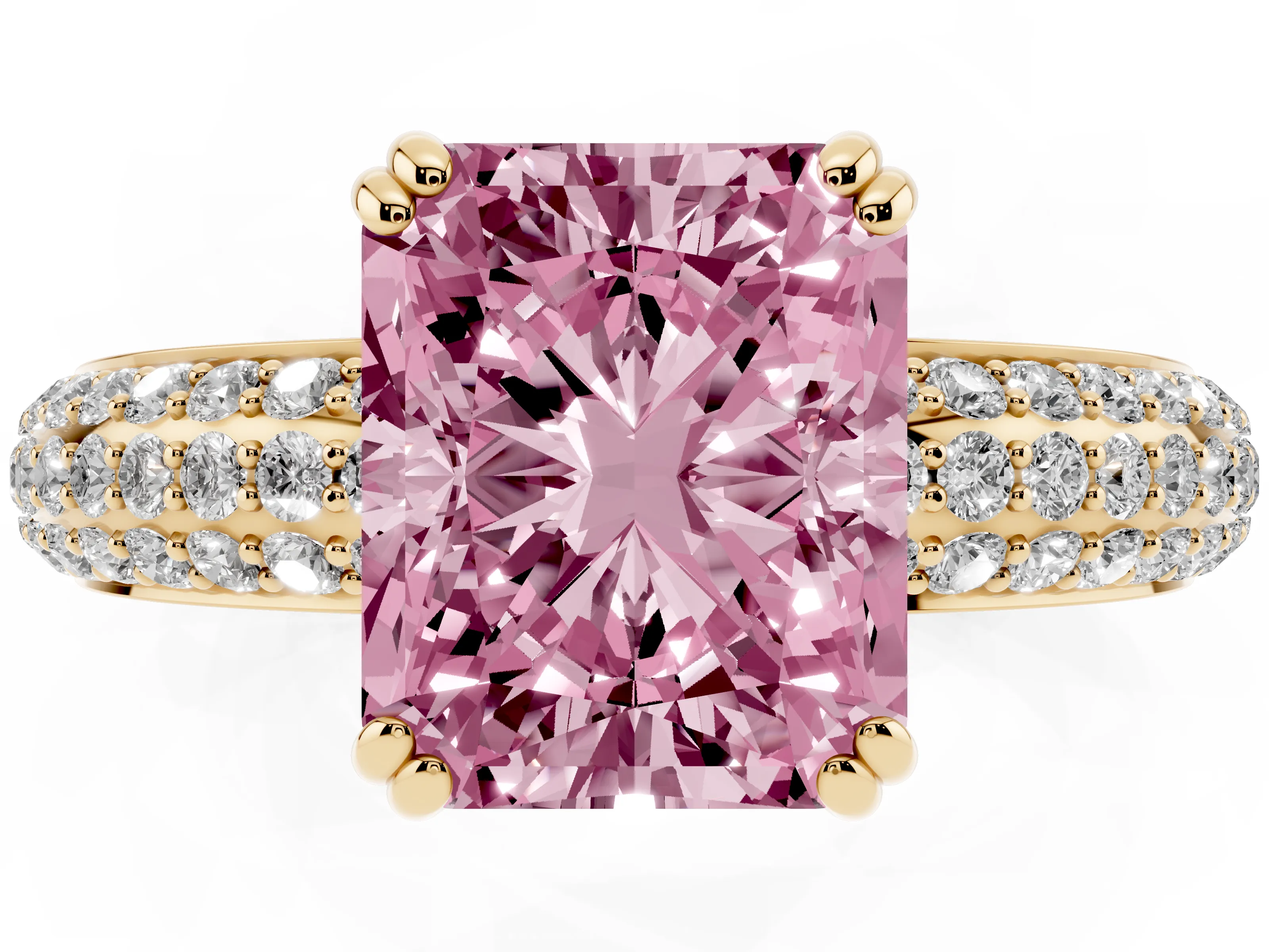 Fancy Pink Radiant Cut Diamond Solitaire Ring Set in Yellow gold with Multi-Row Round Pavé Band and Prong Setting