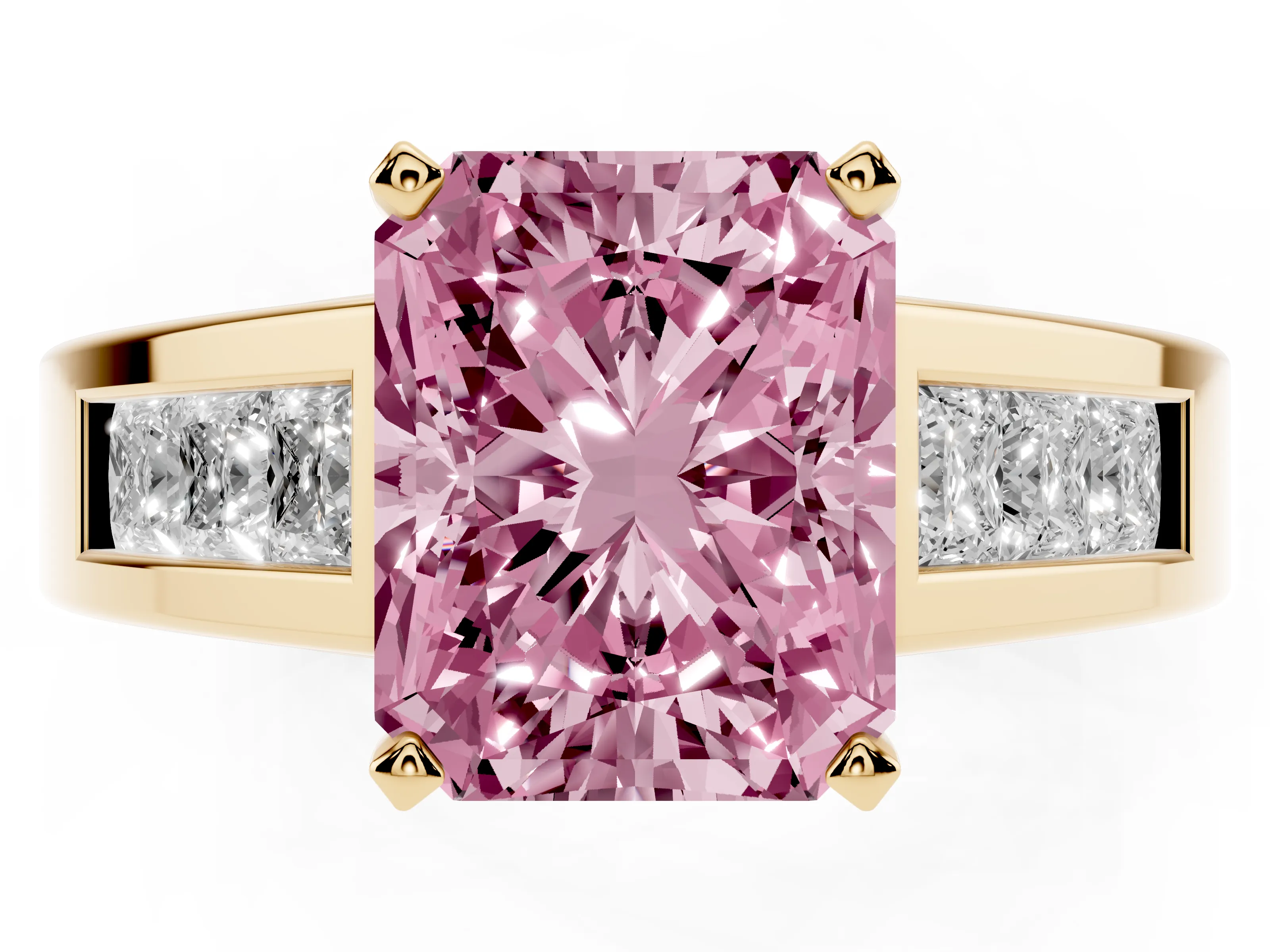 Fancy Pink Radiant Cut Diamond Solitaire Ring Set in Yellow gold with Channel-Set Accent Stones and Prong Setting