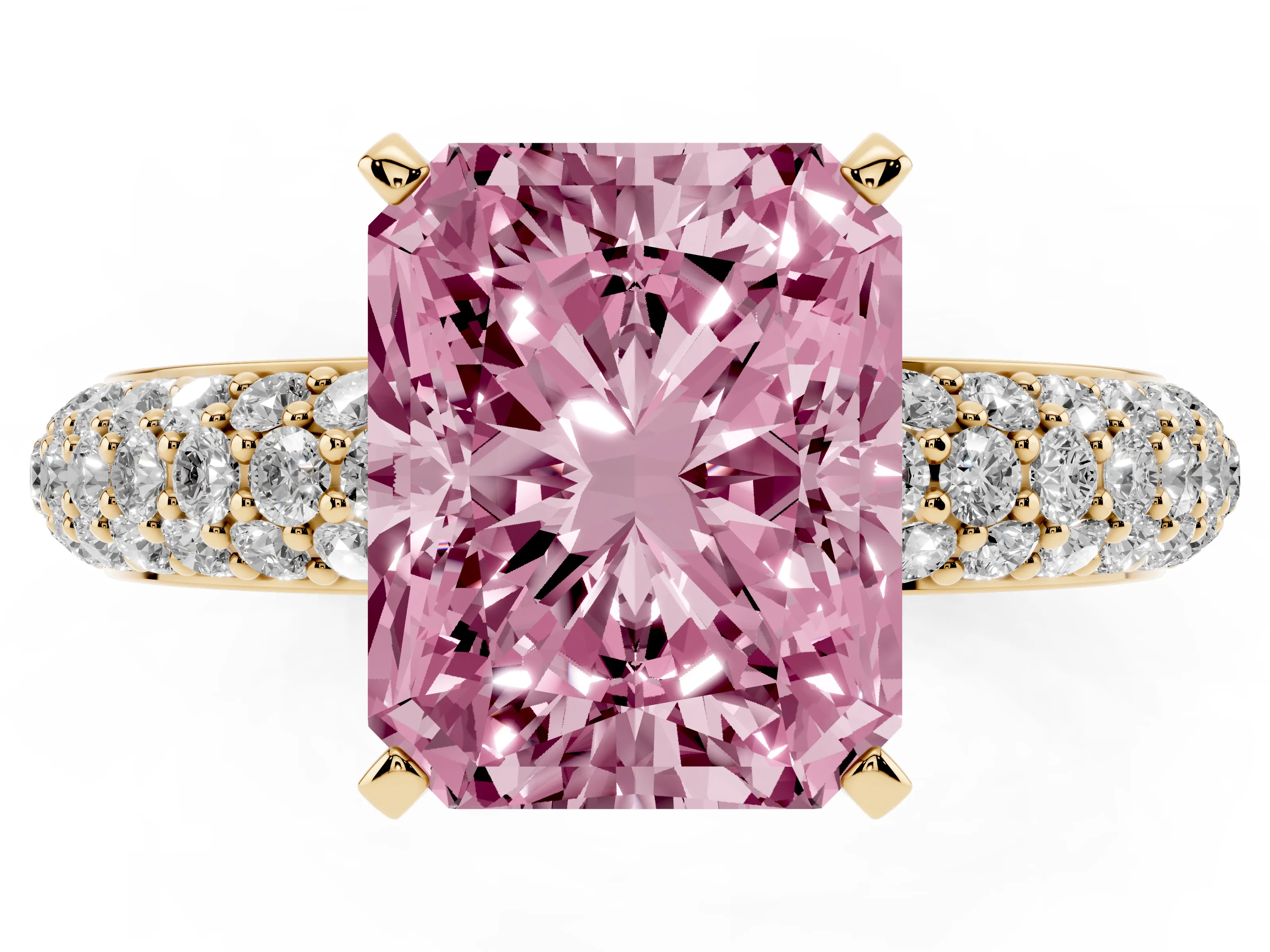 Fancy Pink Radiant Cut Diamond Solitaire Ring Set in Yellow gold with Prong Setting and Pavé-Set Band