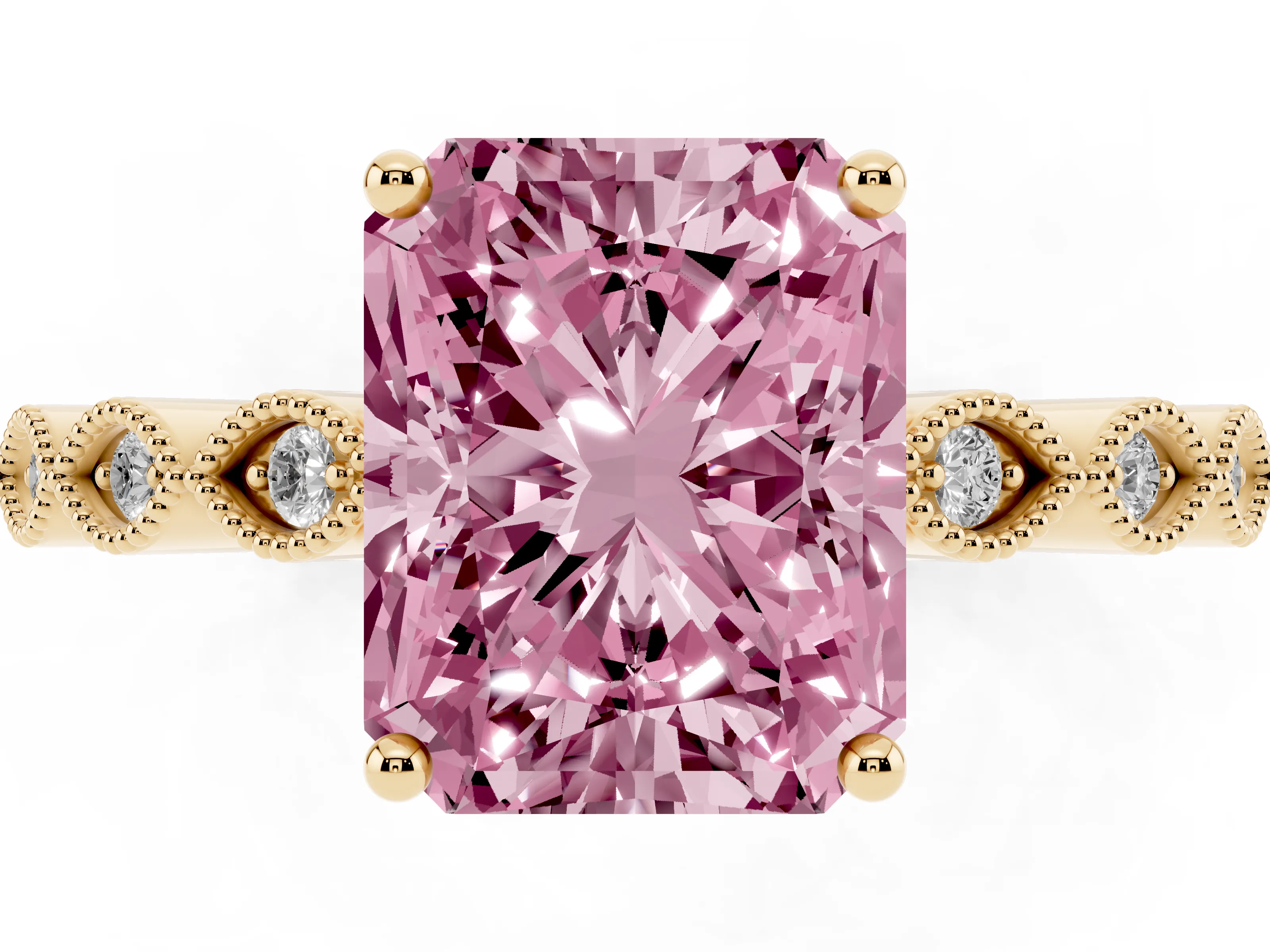 Fancy Pink Radiant Cut Diamond Solitaire Ring Set in Yellow gold with Infinity Twist Pavé Band