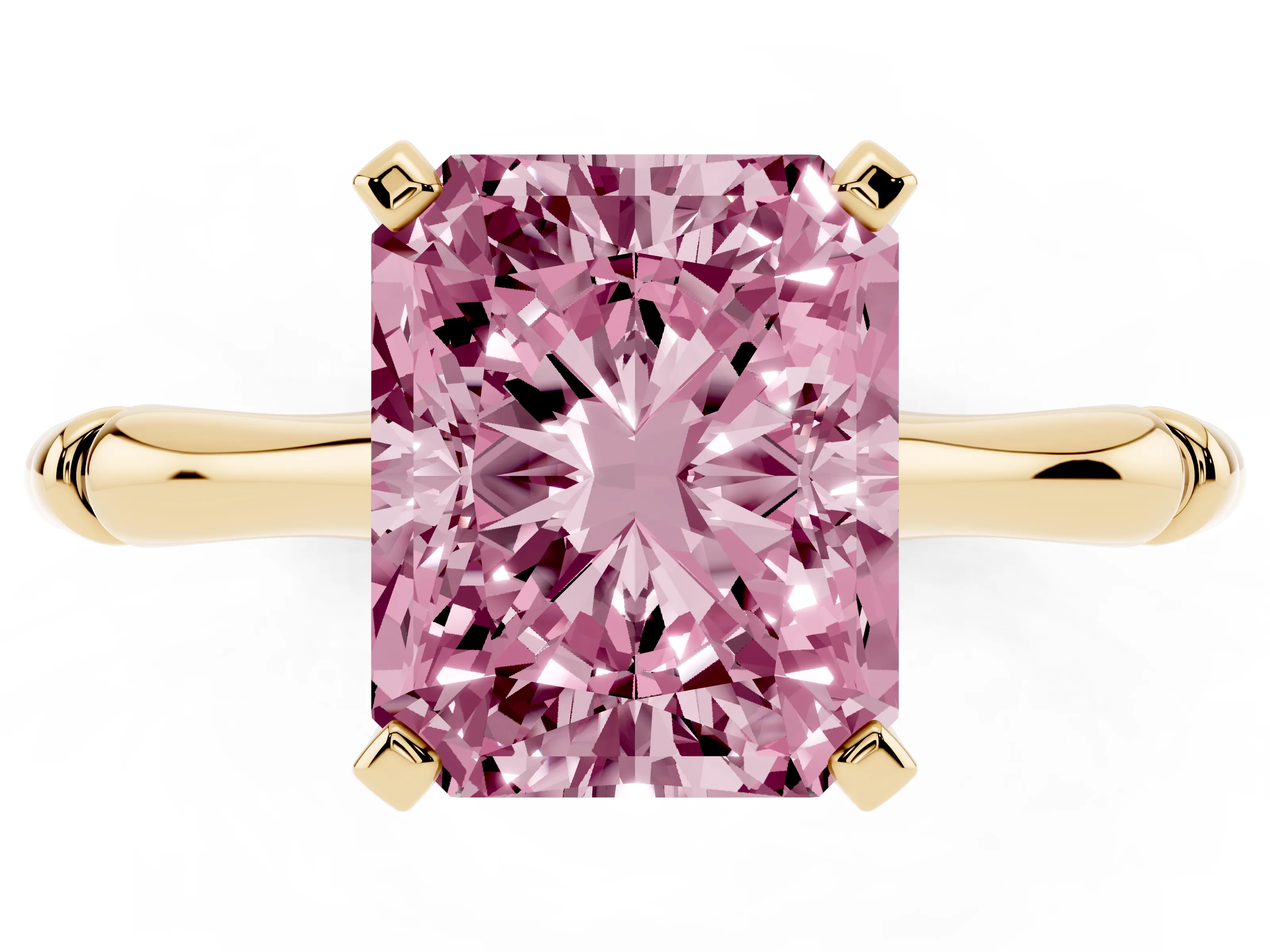 Fancy Pink Radiant Cut Diamond Solitaire Ring Set in Yellow gold with Bamboo Band and Prong Setting