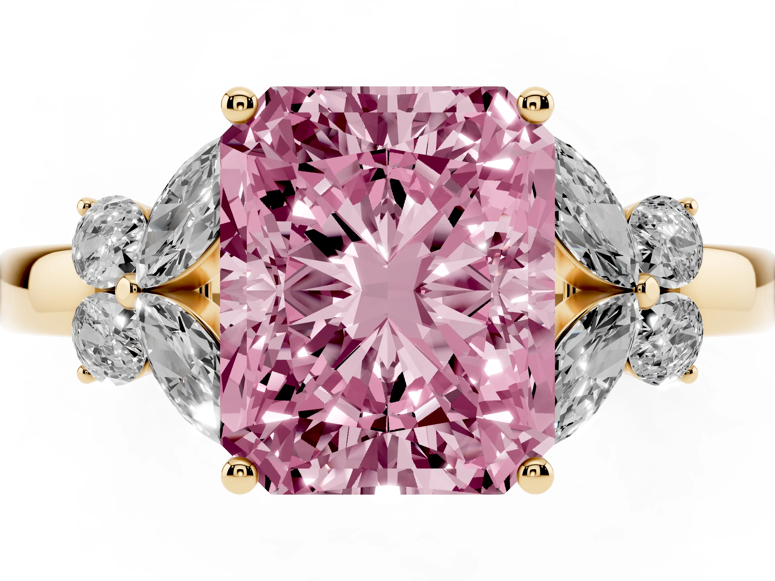 Fancy Pink Radiant Cut Diamond Solitaire Floral Ring Set in Yellow gold with Marquise Petals and Prong Setting