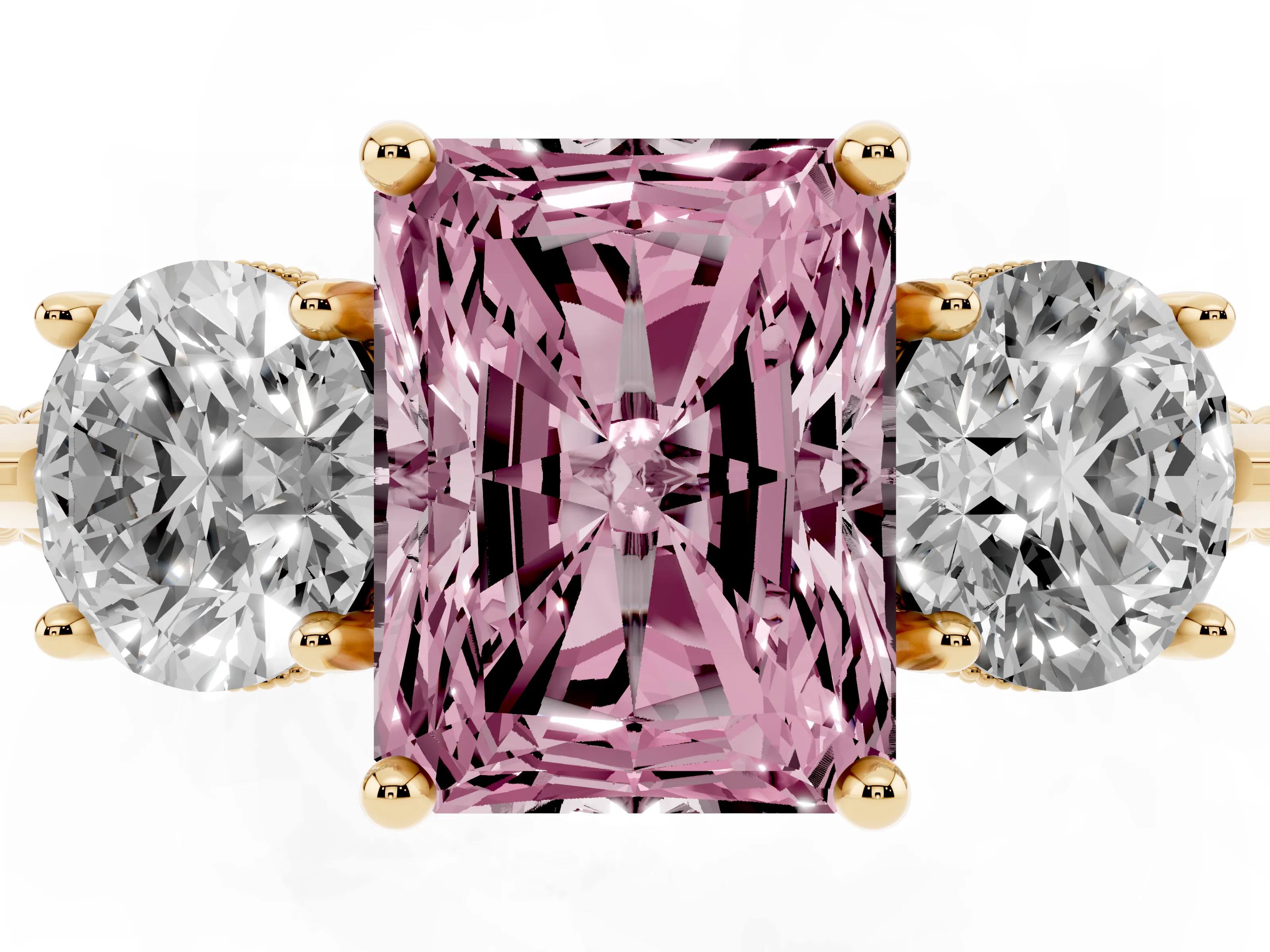 Fancy Pink Radiant Cut Diamond Three-Stone Ring Set in Yellow gold with Milgrain Band