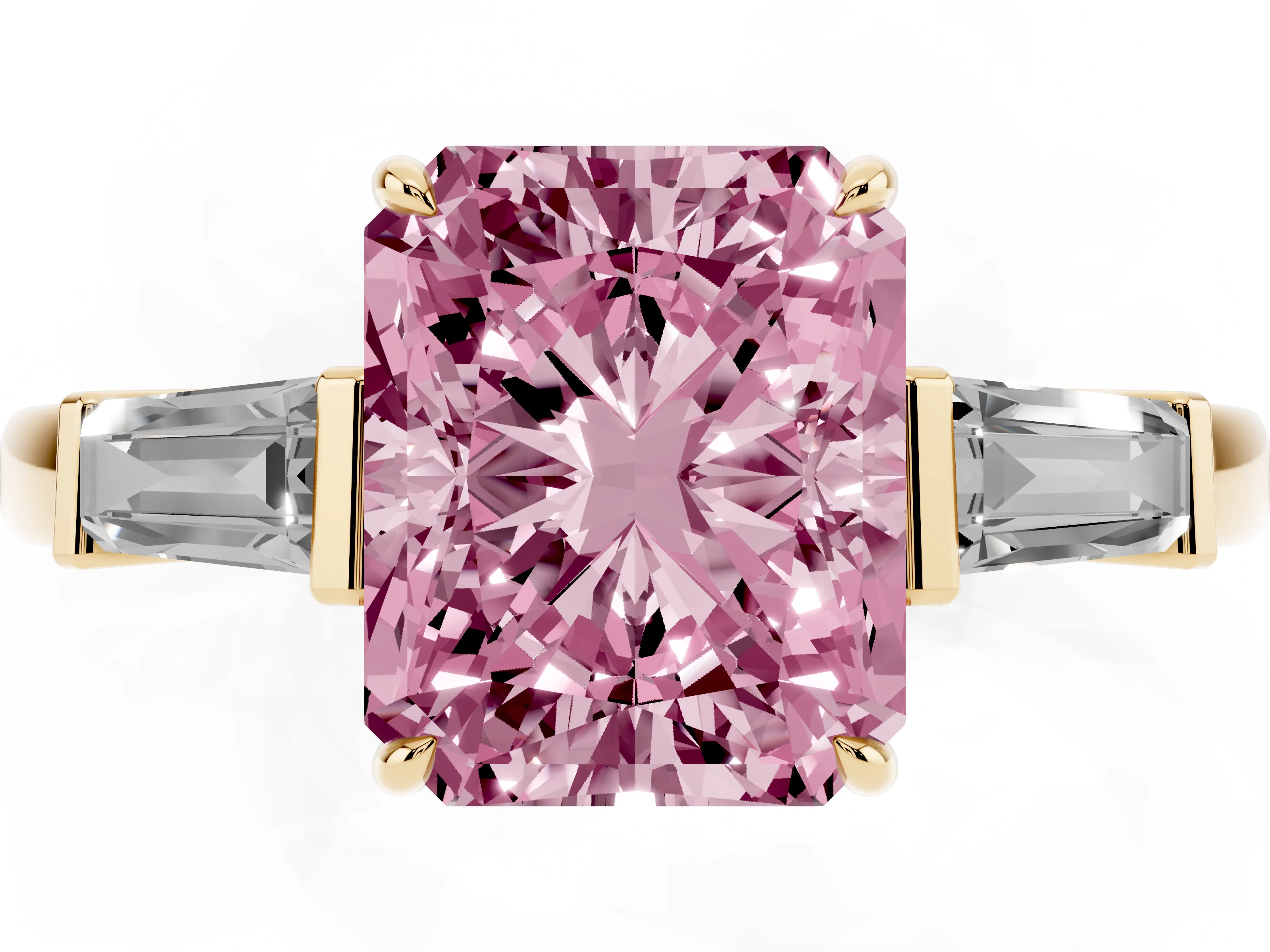 Fancy Pink Radiant Cut Diamond Three-Stone Ring Set in Yellow gold with Tapered Baguette Side Stones and Prong Setting