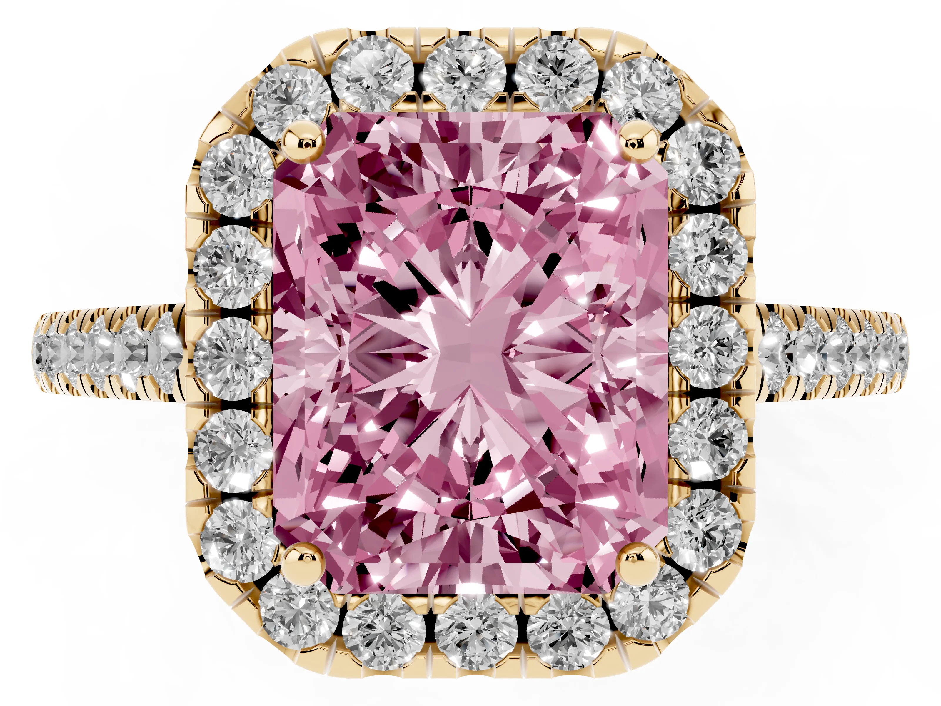 Fancy Pink Radiant Cut Diamond Pavé Halo Engagement Ring Set in Yellow gold with Pavé Band and Prong Setting
