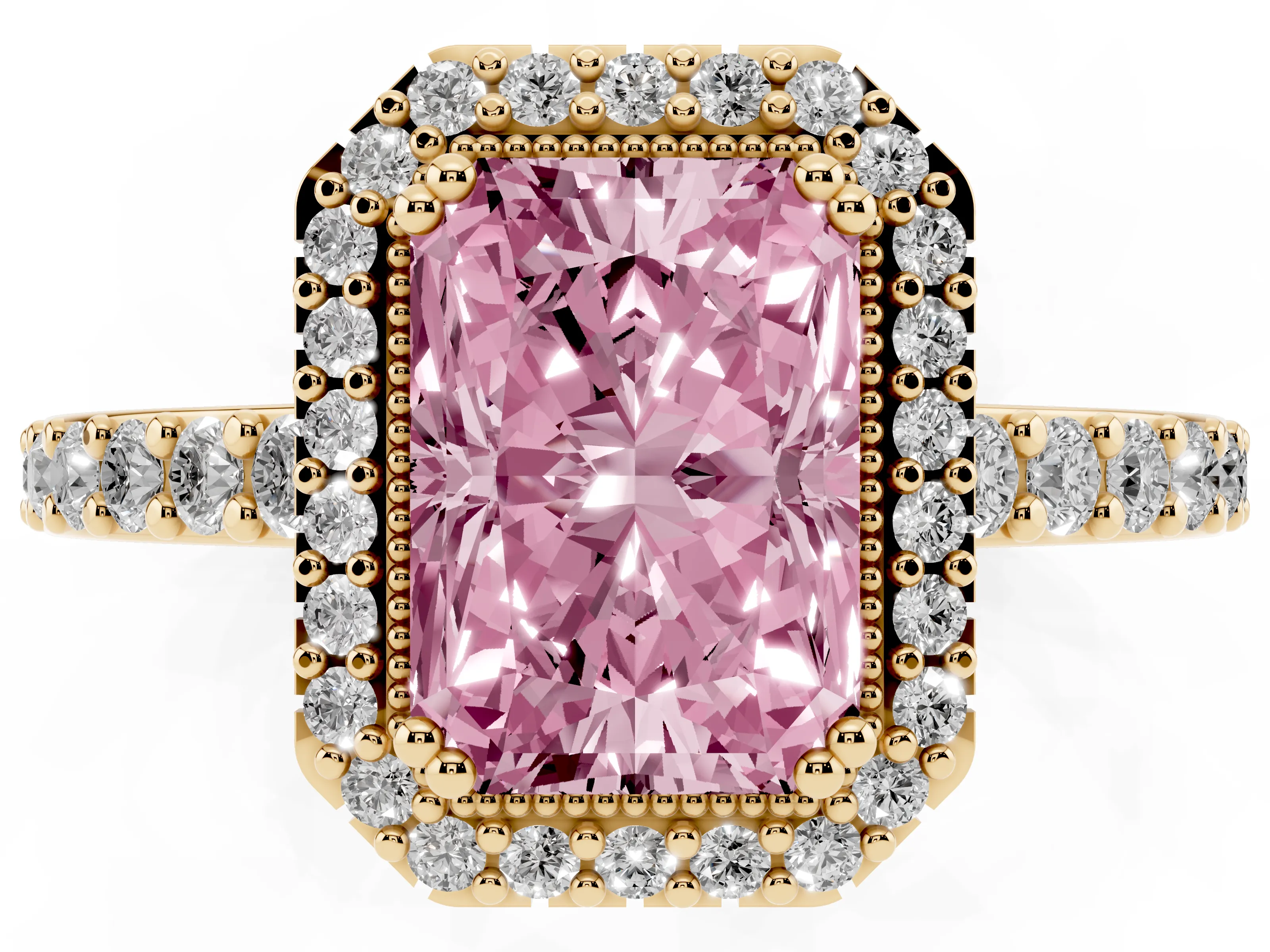 Fancy Pink Radiant Cut Diamond Halo Engagement Ring Set in Yellow gold with Milgrain Detail and Pavé Band