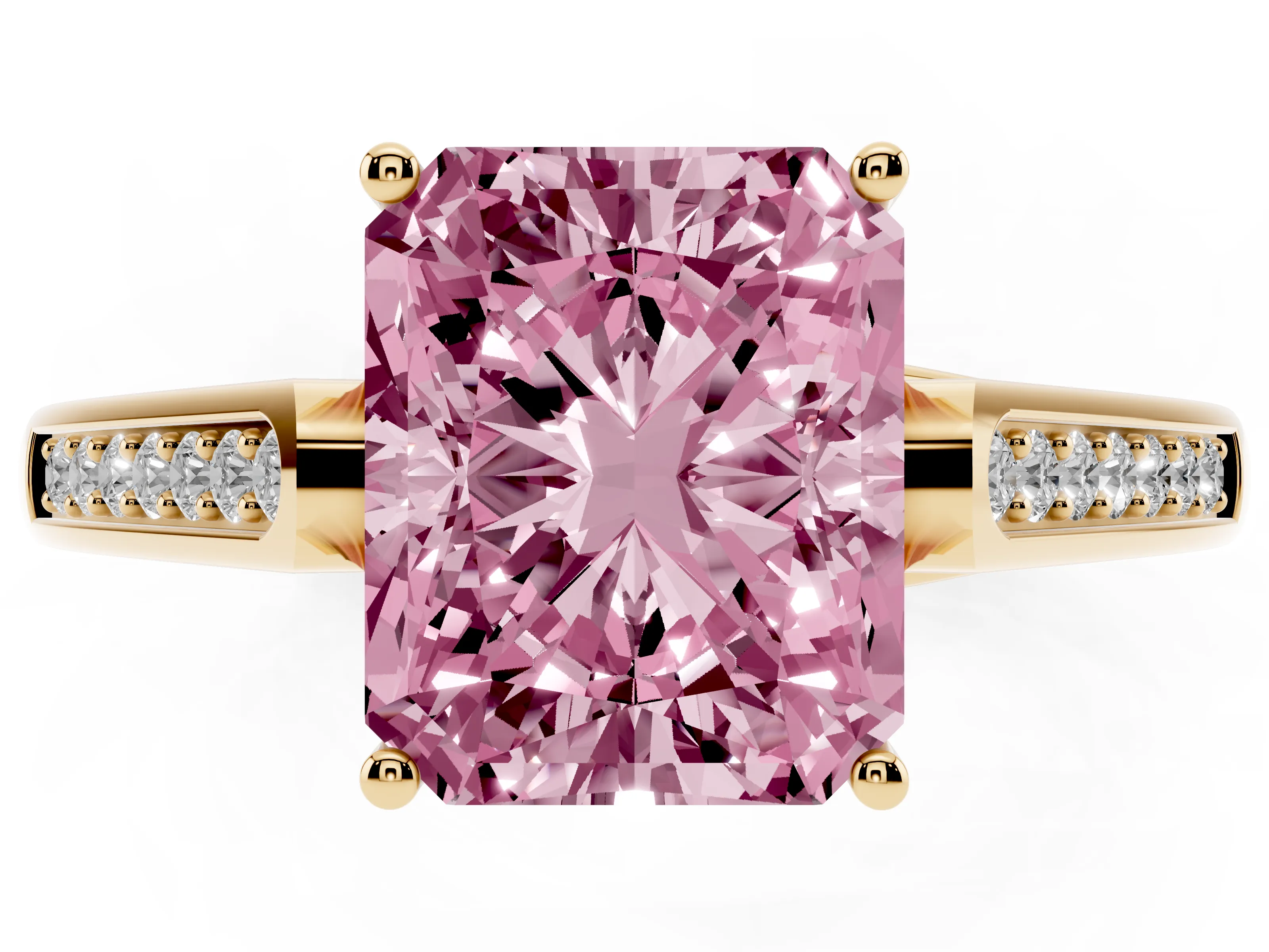 Fancy Pink Radiant Cut Diamond Solitaire Cathedral Engagement Ring Set in Yellow gold with Channel-Set Band and Prong Setting