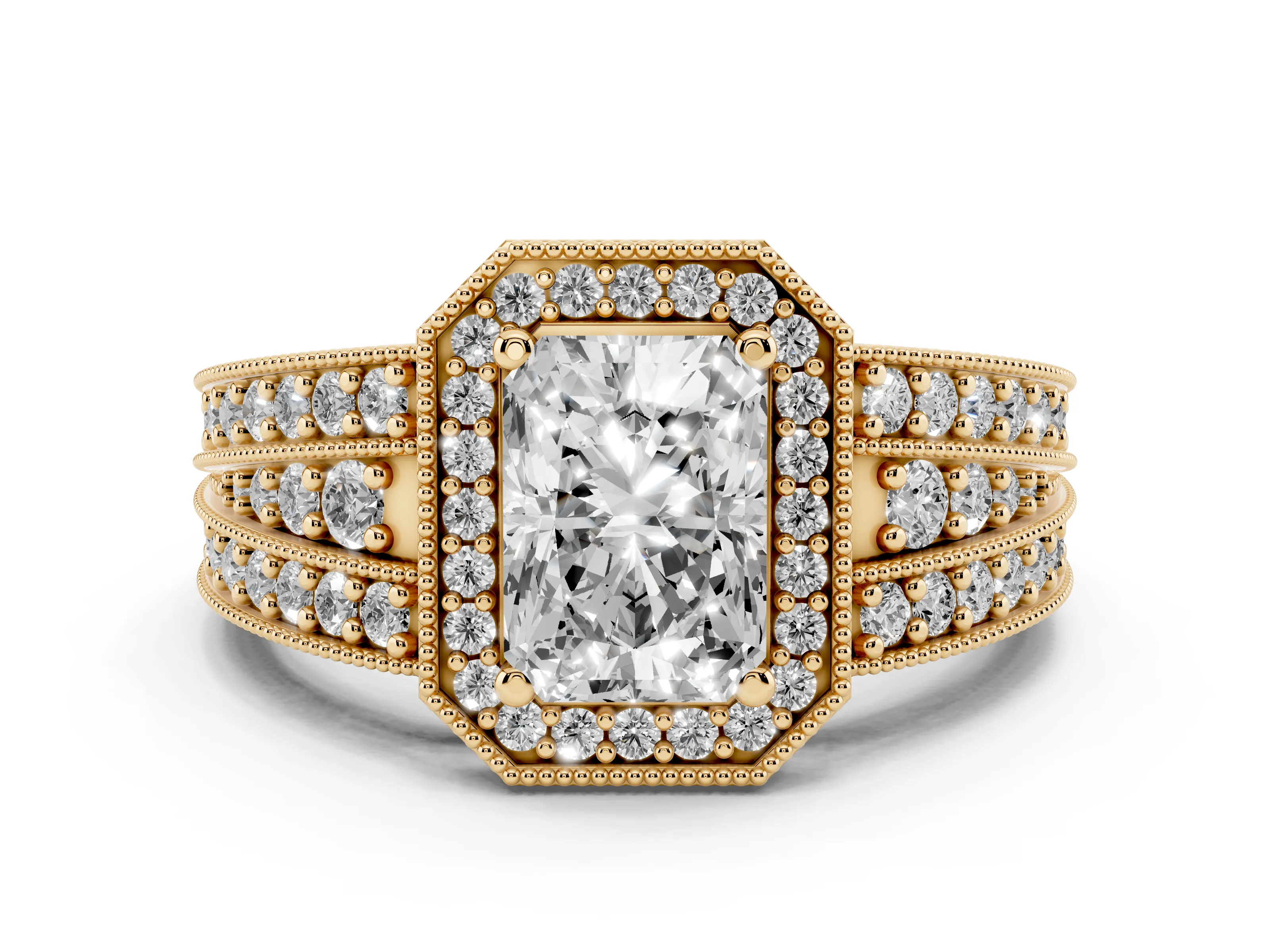 Radiant Cut Diamond Halo Ring Set in Yellow gold with Accent Split Shank and Prong Setting