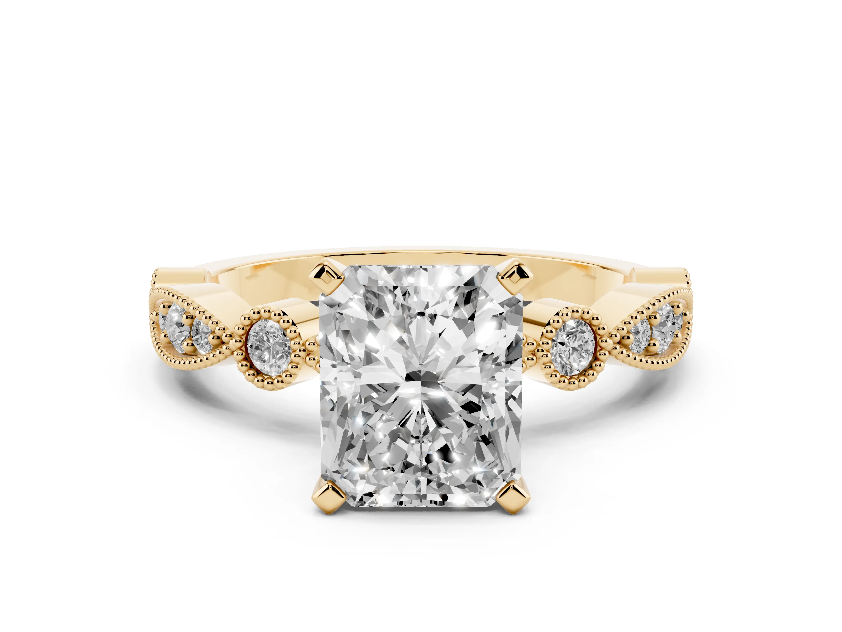 Radiant Cut Diamond Solitaire Engagement Ring Set in Yellow gold with Milgrain Bezel Accent Band