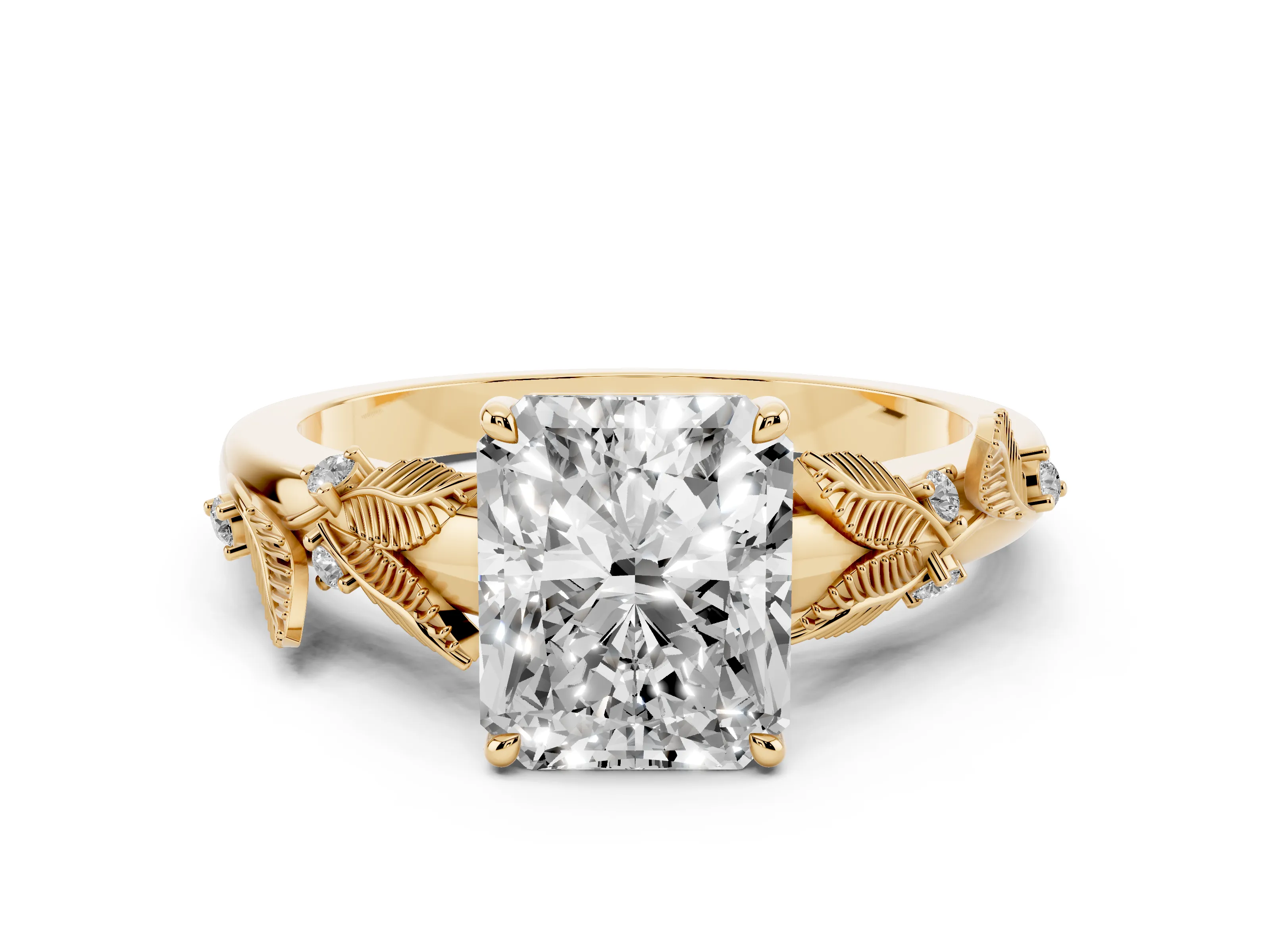 Radiant Cut Diamond Solitaire Ring Set in Yellow gold with Leaf Motif Band