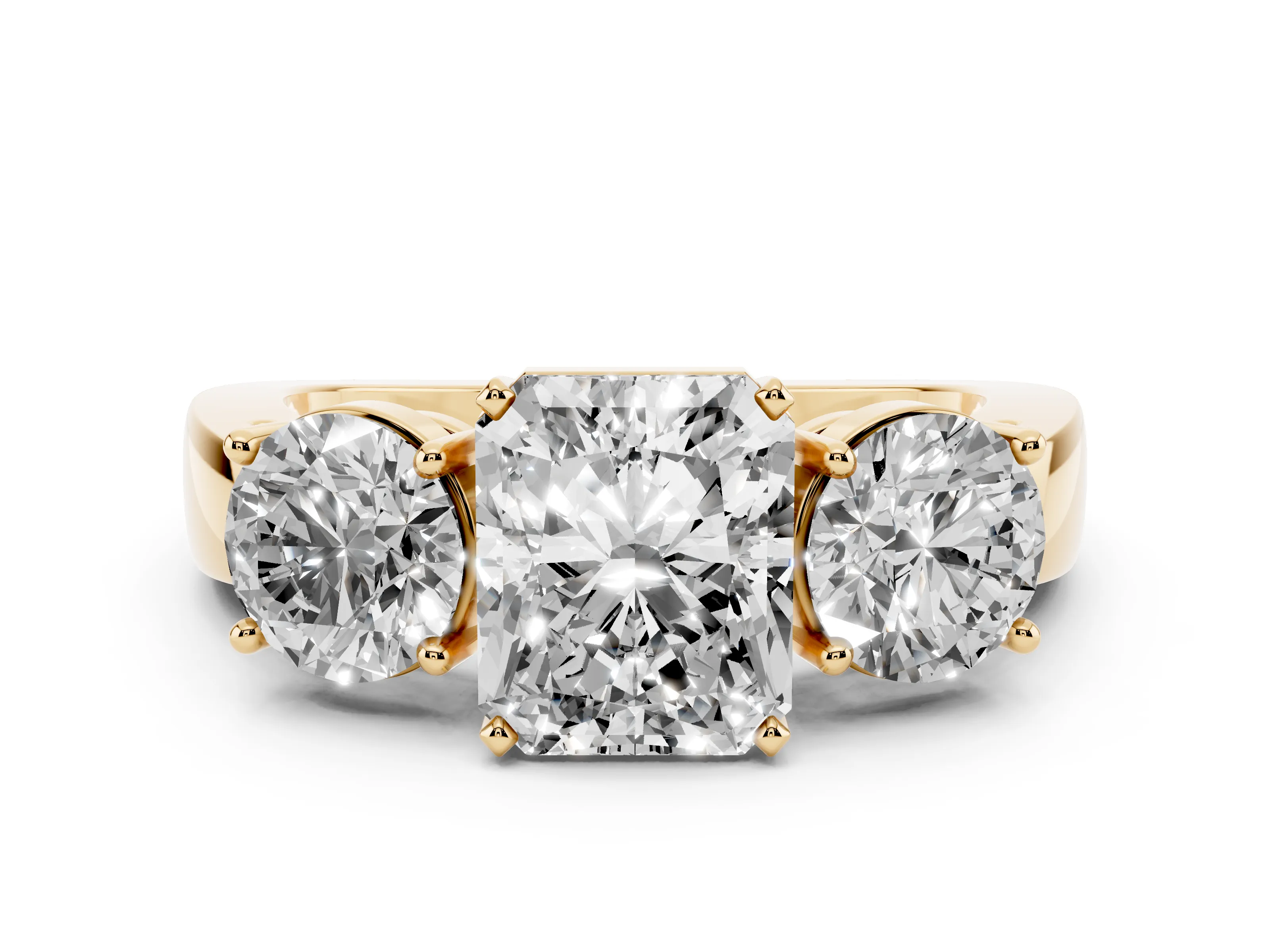 Radiant Cut Diamond Three-Stone Ring Set in Yellow gold with Round Side Stones and Classic Band
