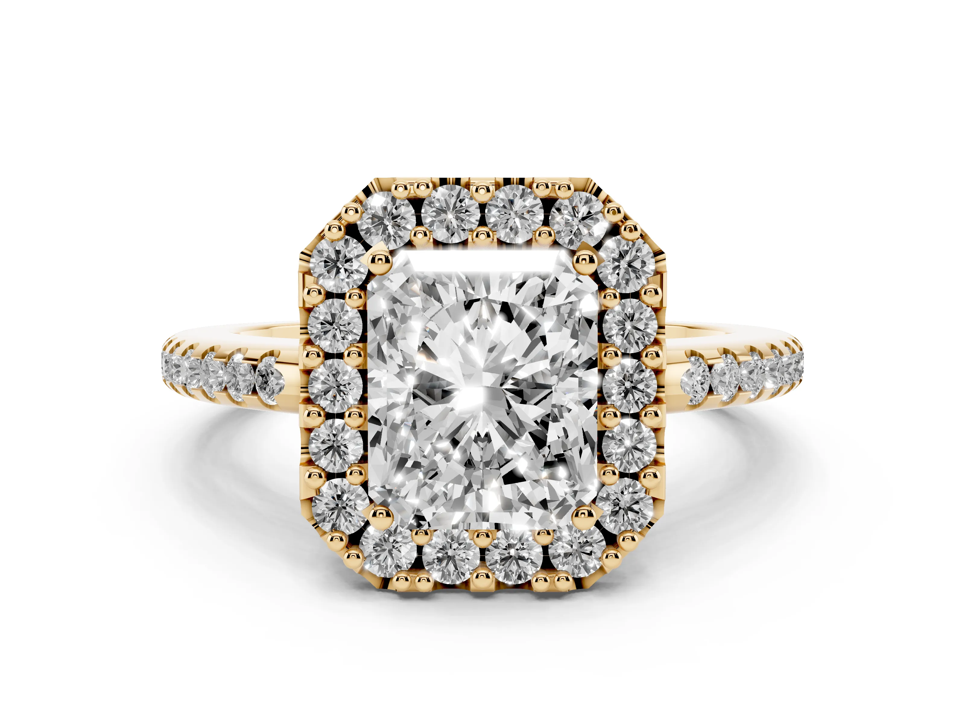 Radiant Cut Diamond Pavé Halo Ring Set in Yellow gold with Prong Setting