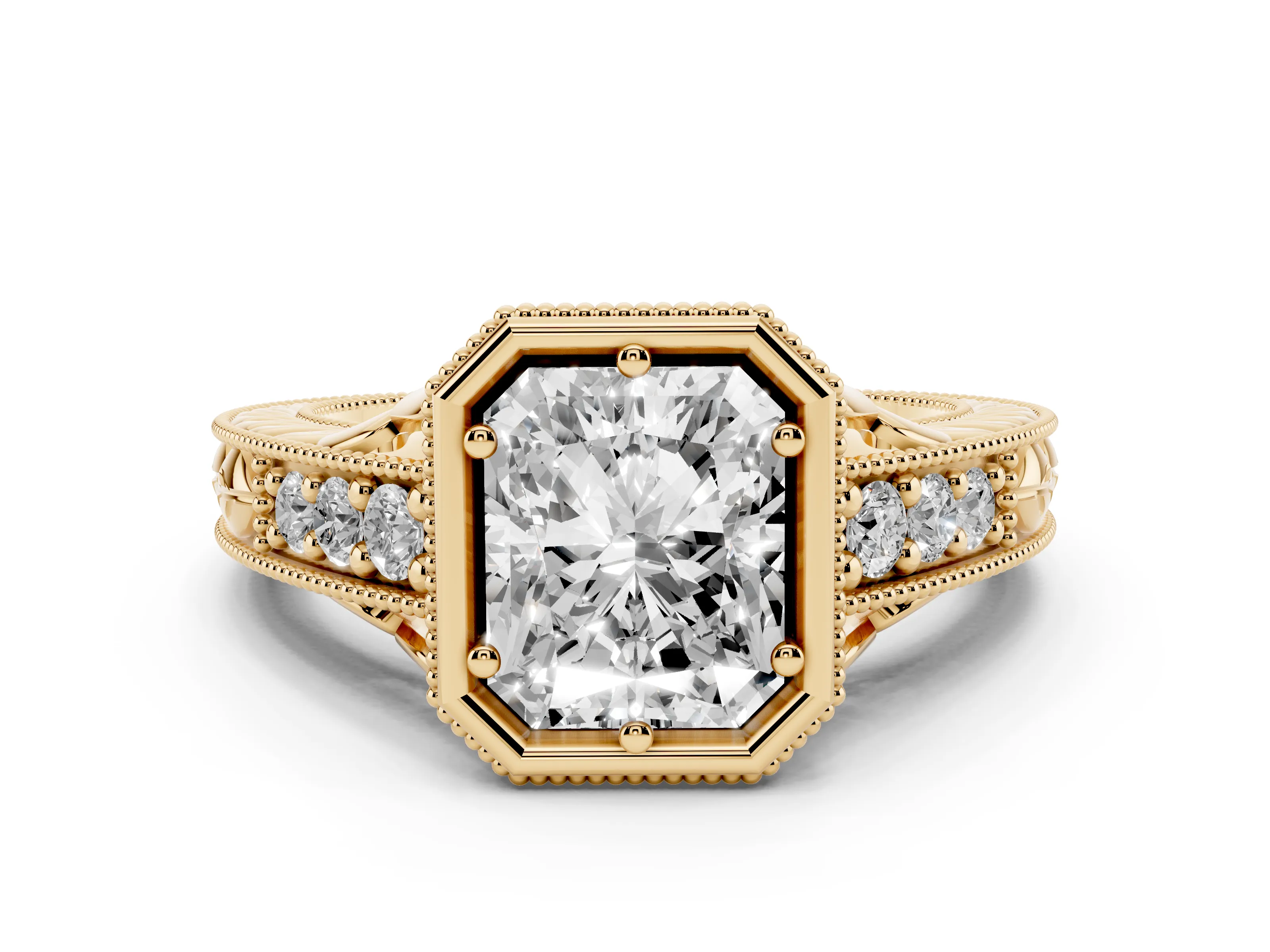 Bezel Set Radiant Cut Diamond Milgrain Pavé Engagement Ring Set in Yellow gold