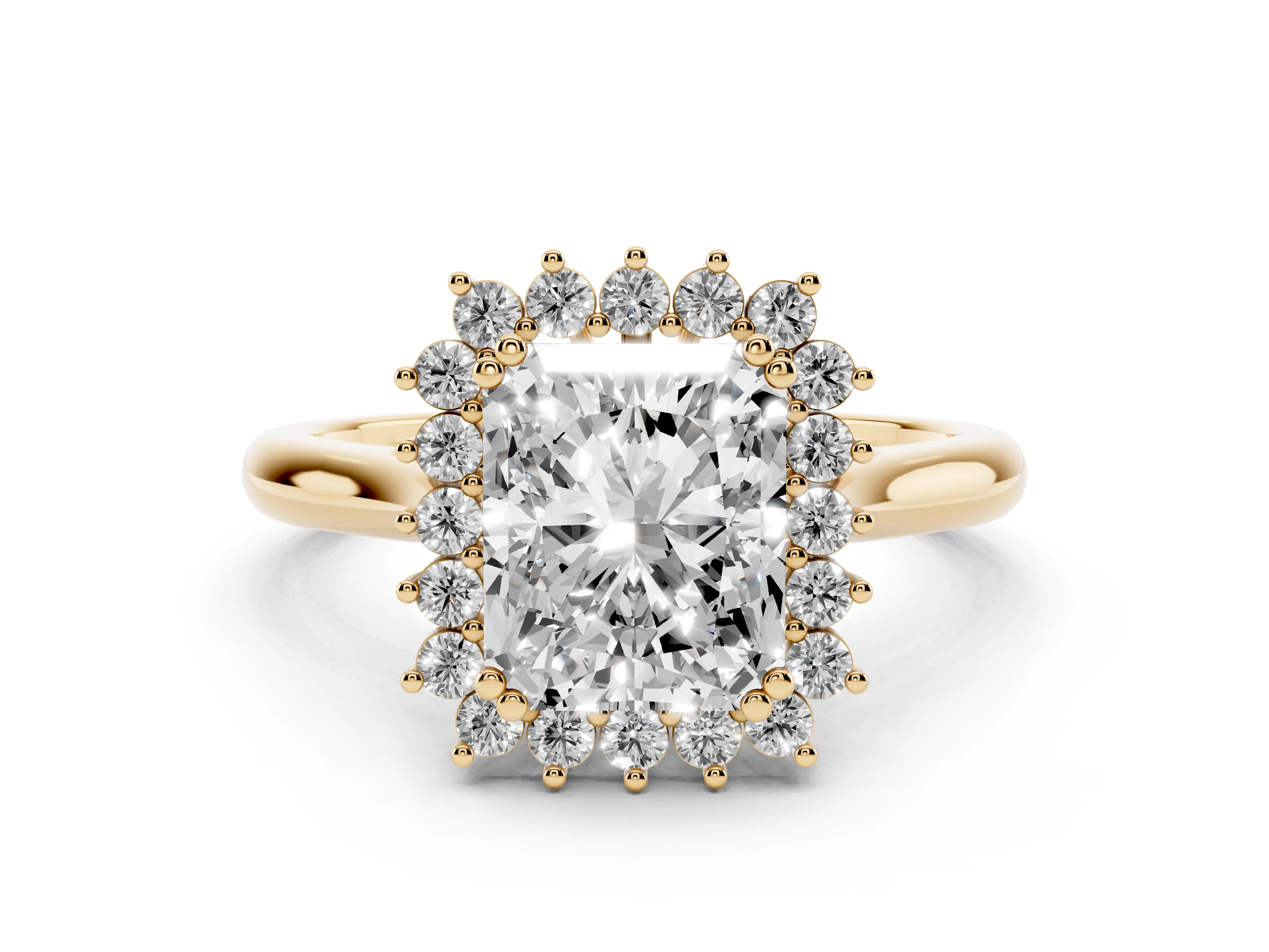 Radiant Cut Diamond Halo Ring Set in Yellow gold with Plain Solitaire Band and Prong Setting