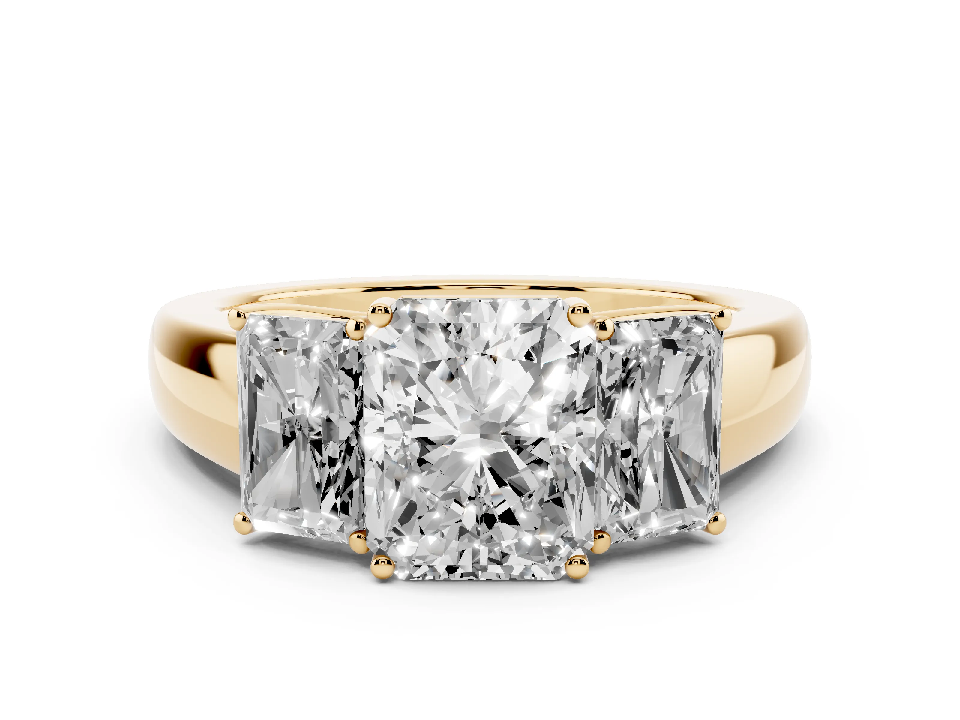Three-Stone Radiant Cut Diamond Ring Set in Yellow gold with Matching Prong Settings and Plain Band