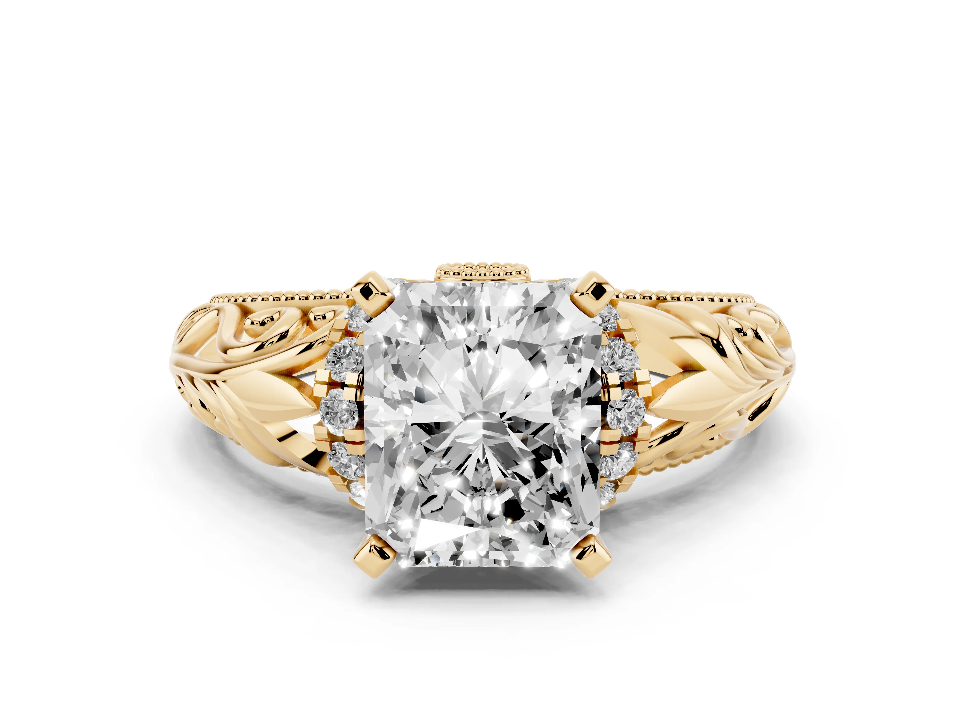 Radiant Cut Diamond Filigree Halo Engagement Ring Set in Yellow gold with Prong Setting