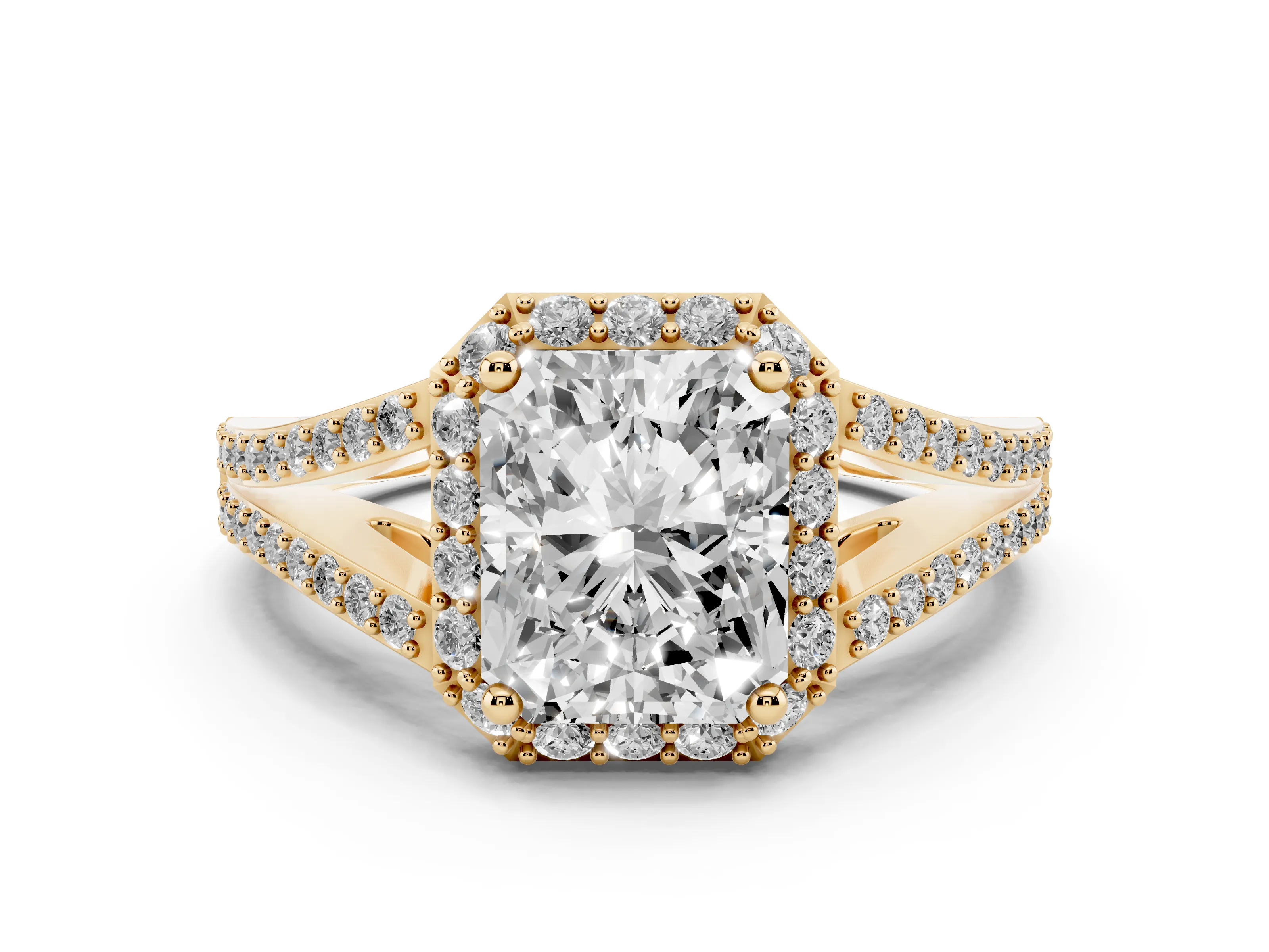 Radiant Cut Diamond Halo Split Shank Pavé Ring Set in Yellow gold with Prong Setting